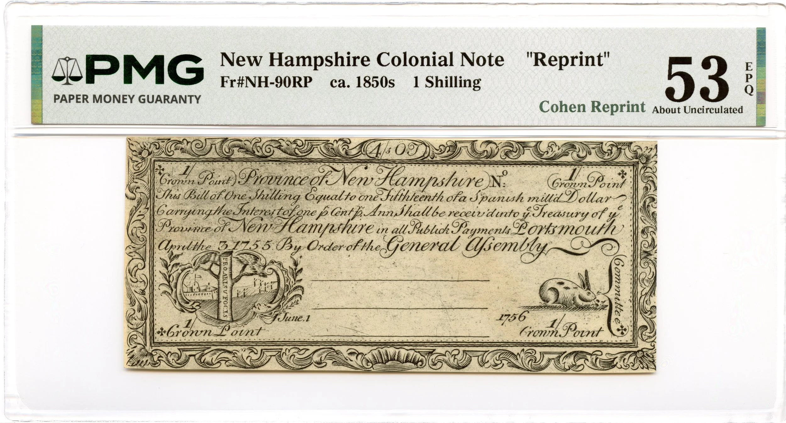 New Hampshire Colonial Note Fr#NH-90RP April 3, 1755 1s PMG AU-53 EPQ *Cohen Reprint*