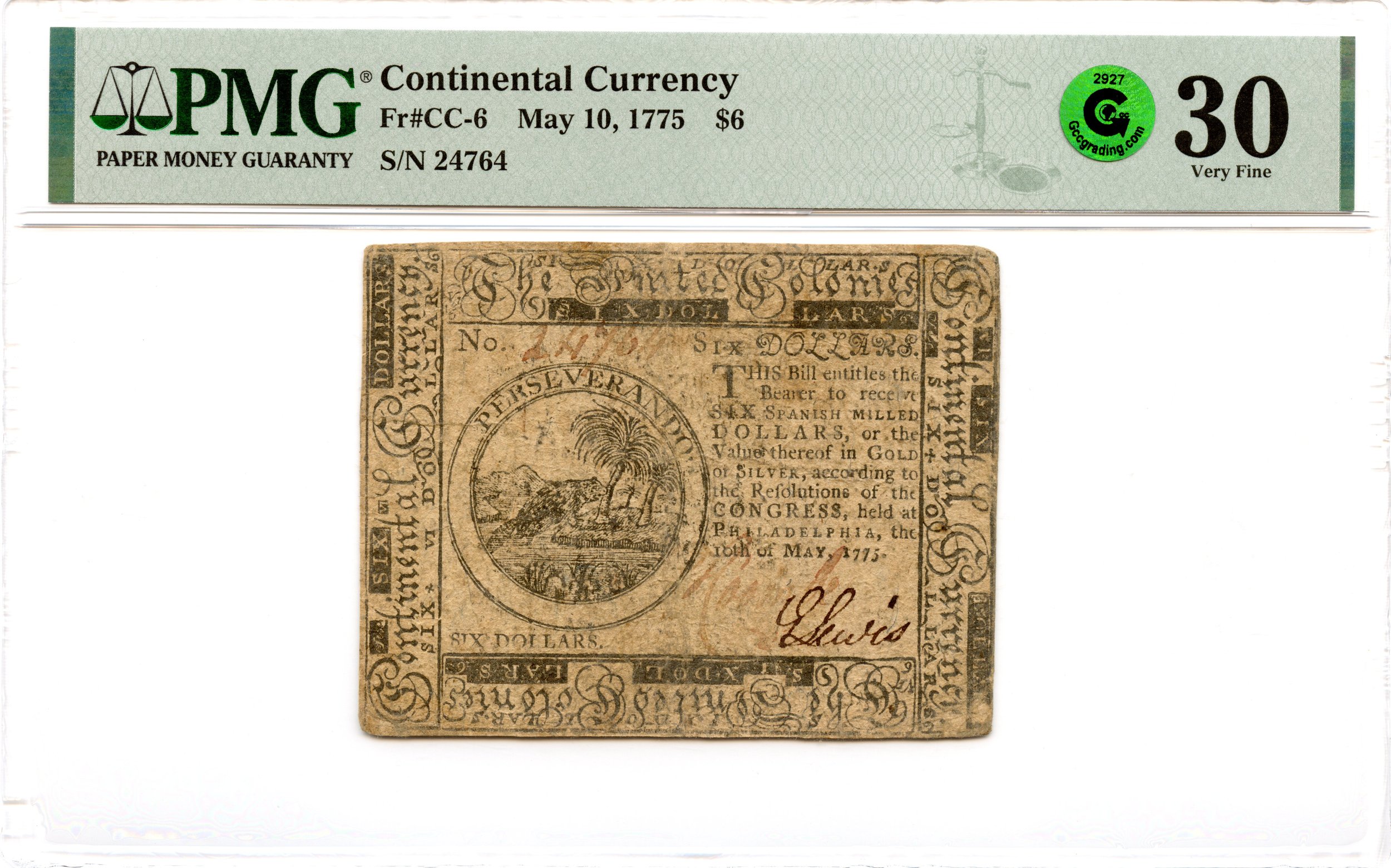 Continental Currency Fr#CC-6 May 10, 1775 $6 PMG VF-30 GCC Green *First Issue*
