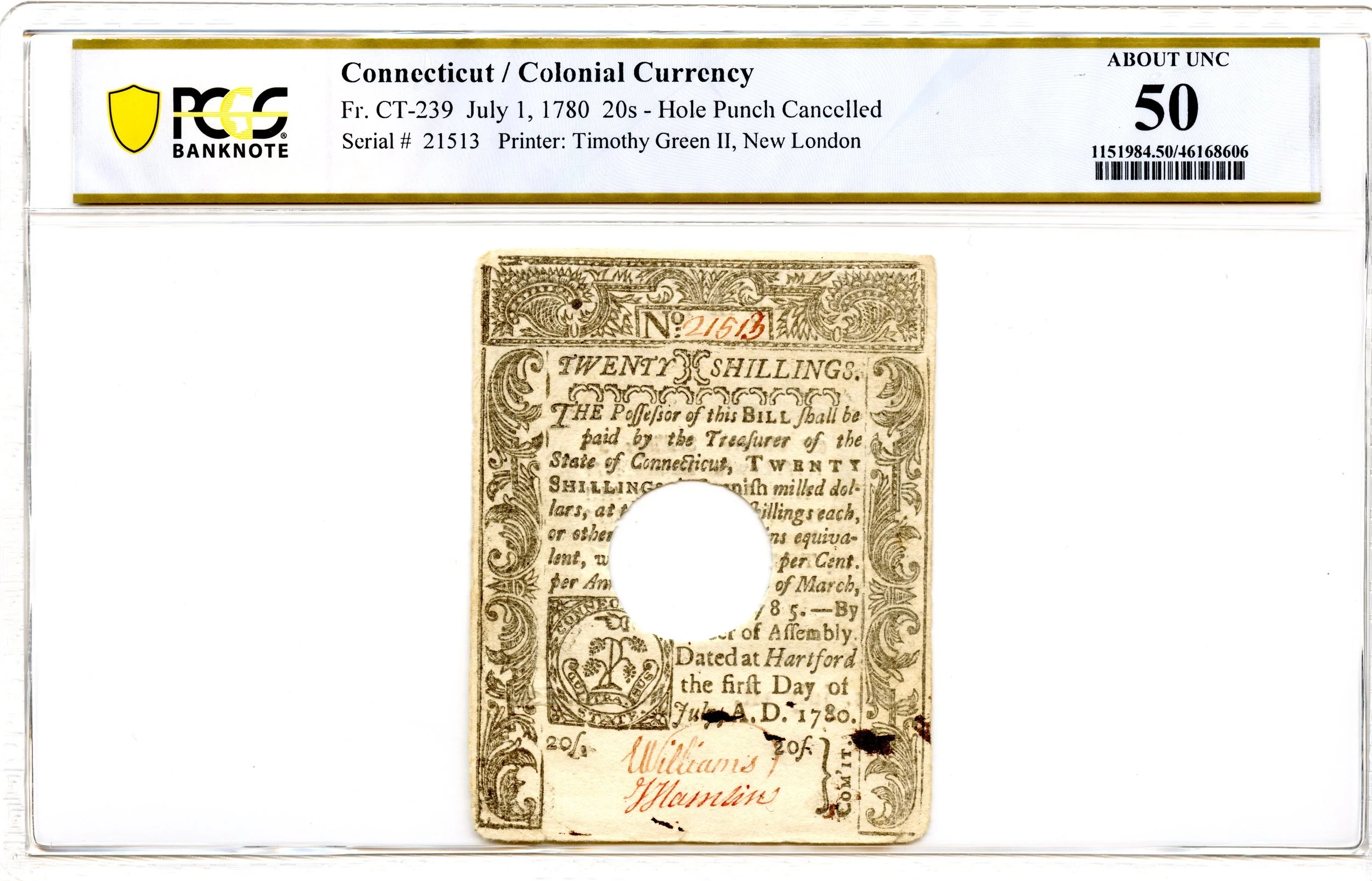 Connecticut Colonial Note Fr#CT-239 July 1, 1780 20s PCGS AU-50