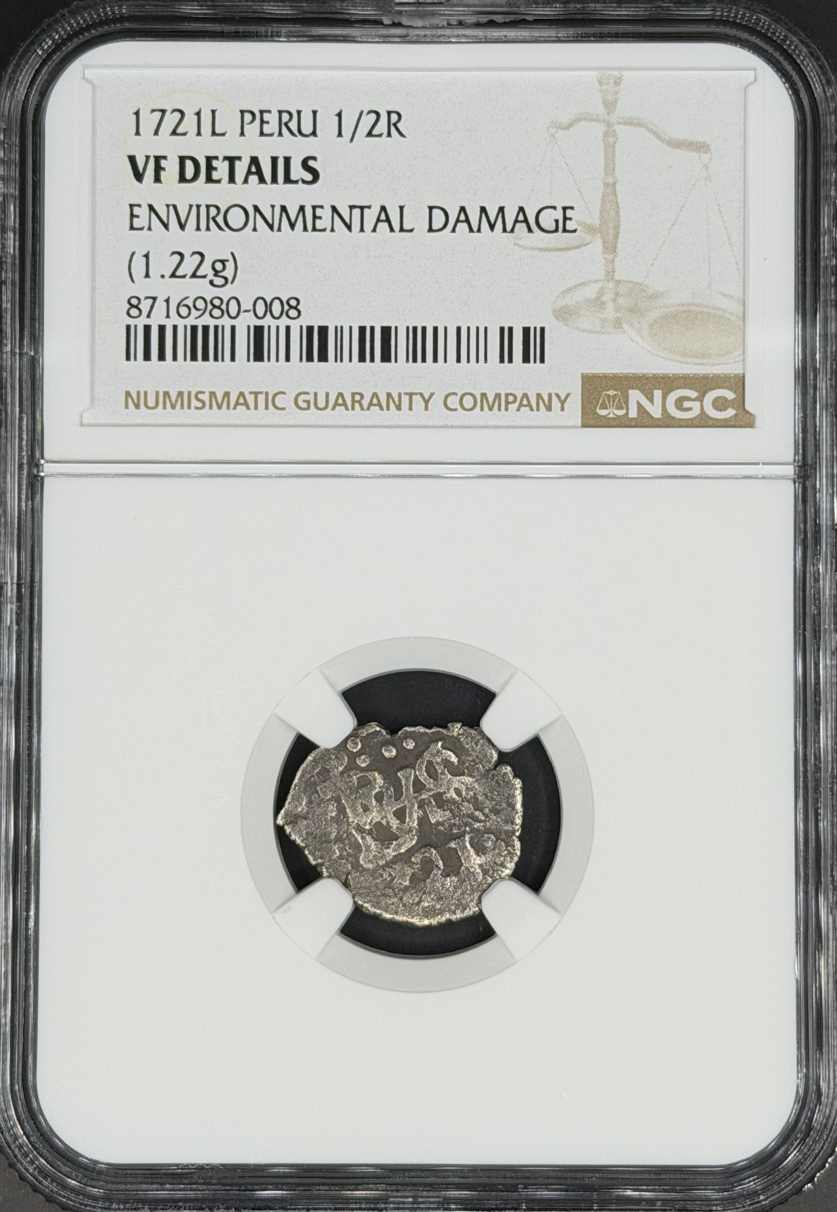 1721 L 1/2 Real Cob Spanish Colonial Peru, Lima NGC VF *Full Date*