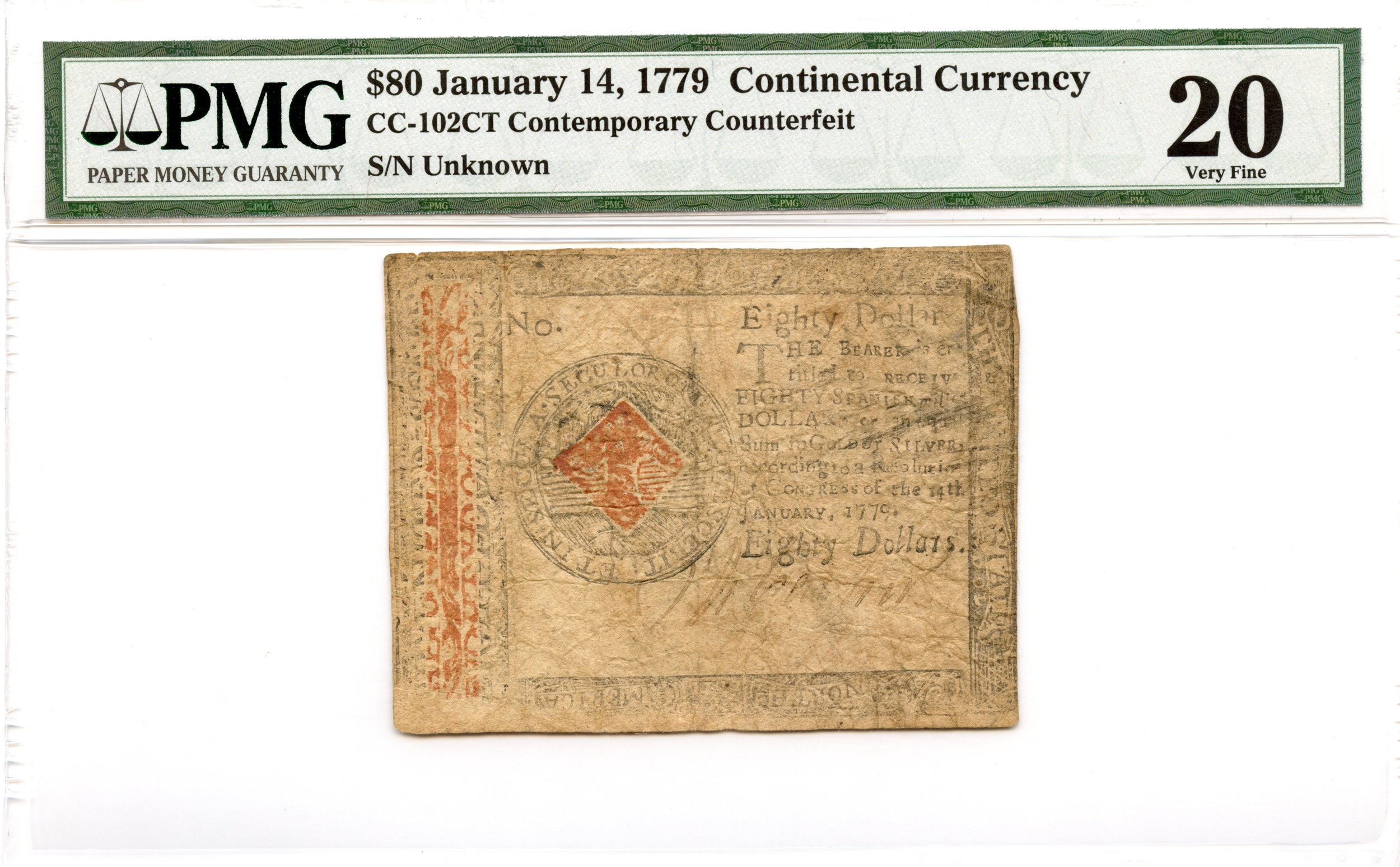 Continental Currency Fr#CC-102CT January 14, 1779 $80 PMG VF-20 *Contemporary Counterfeit*