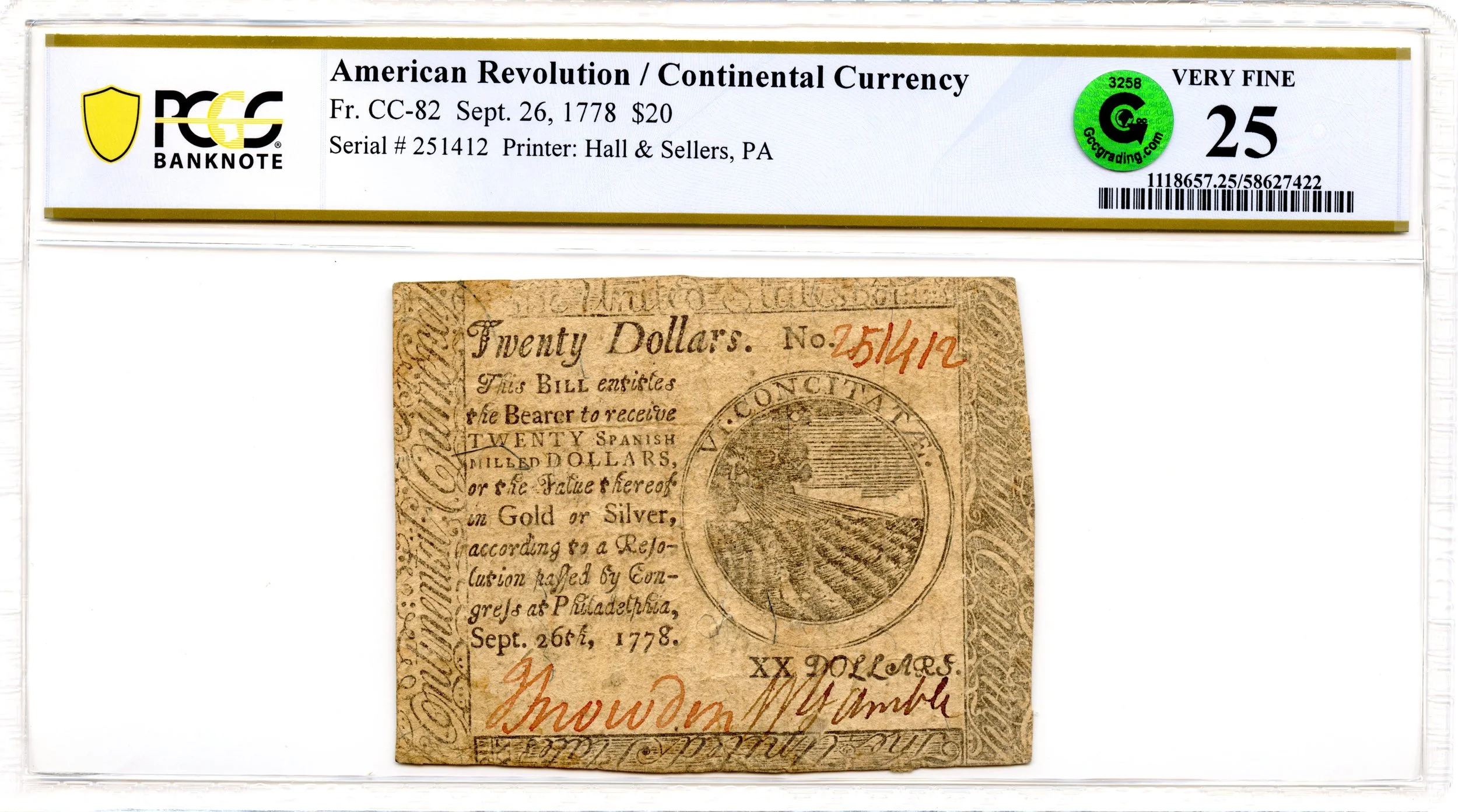 Continental Currency Fr#CC-82 September 26, 1778 $20 PCGS VF-25 GCC Green