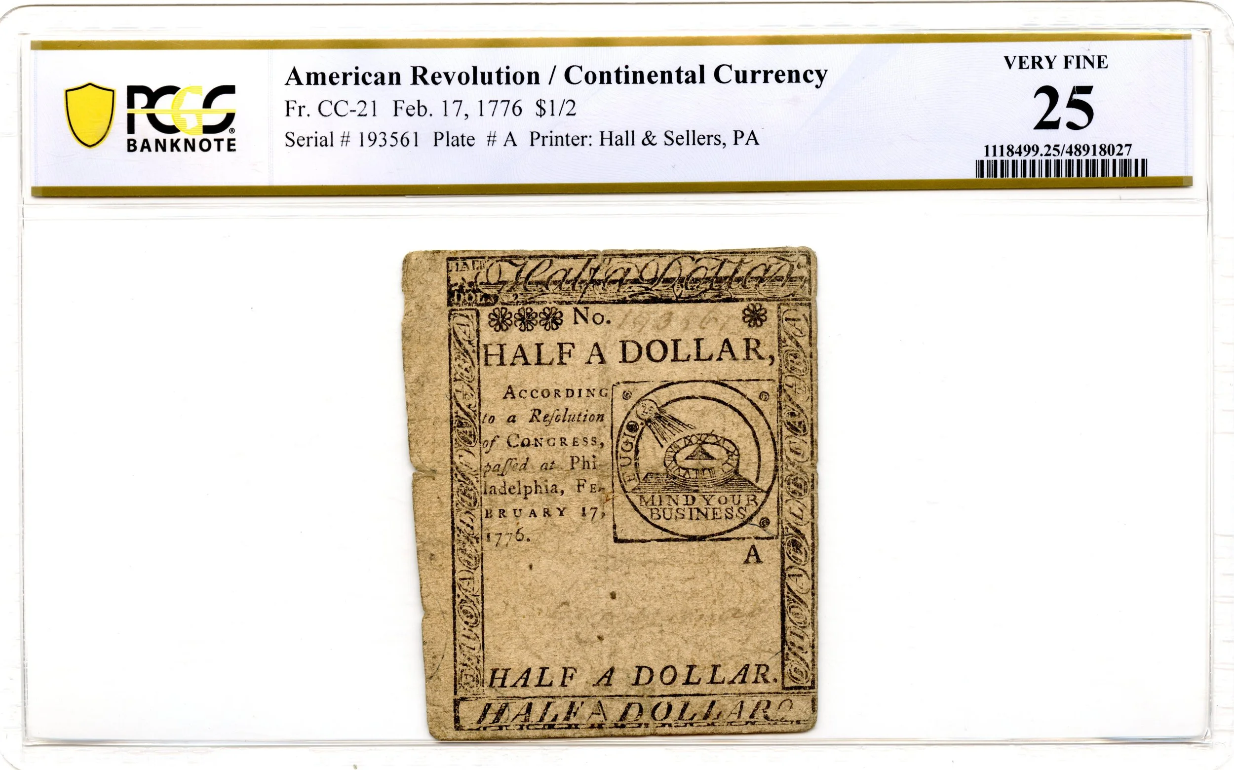 Continental Currency Fr#CC-21 February 17, 1776 $1/2 PCGS VF-25 *Fugio Note*