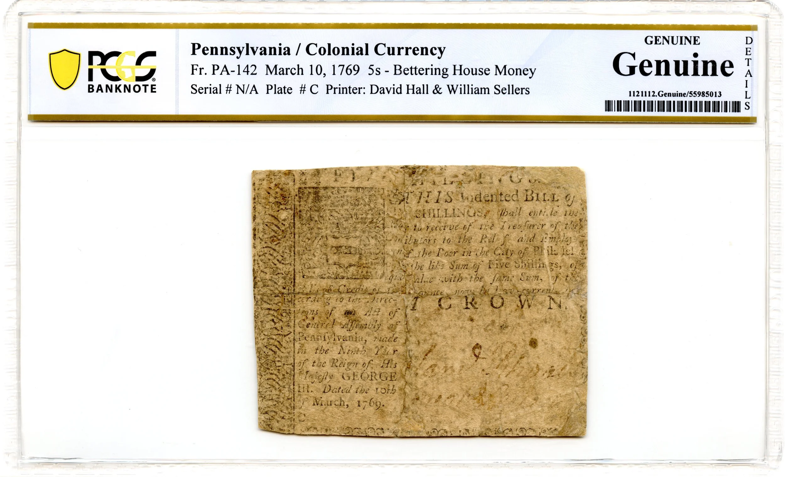 Pennsylvania Colonial Note Fr#PA-142 March 10, 1769 5s PCGS *Bettering House Money*