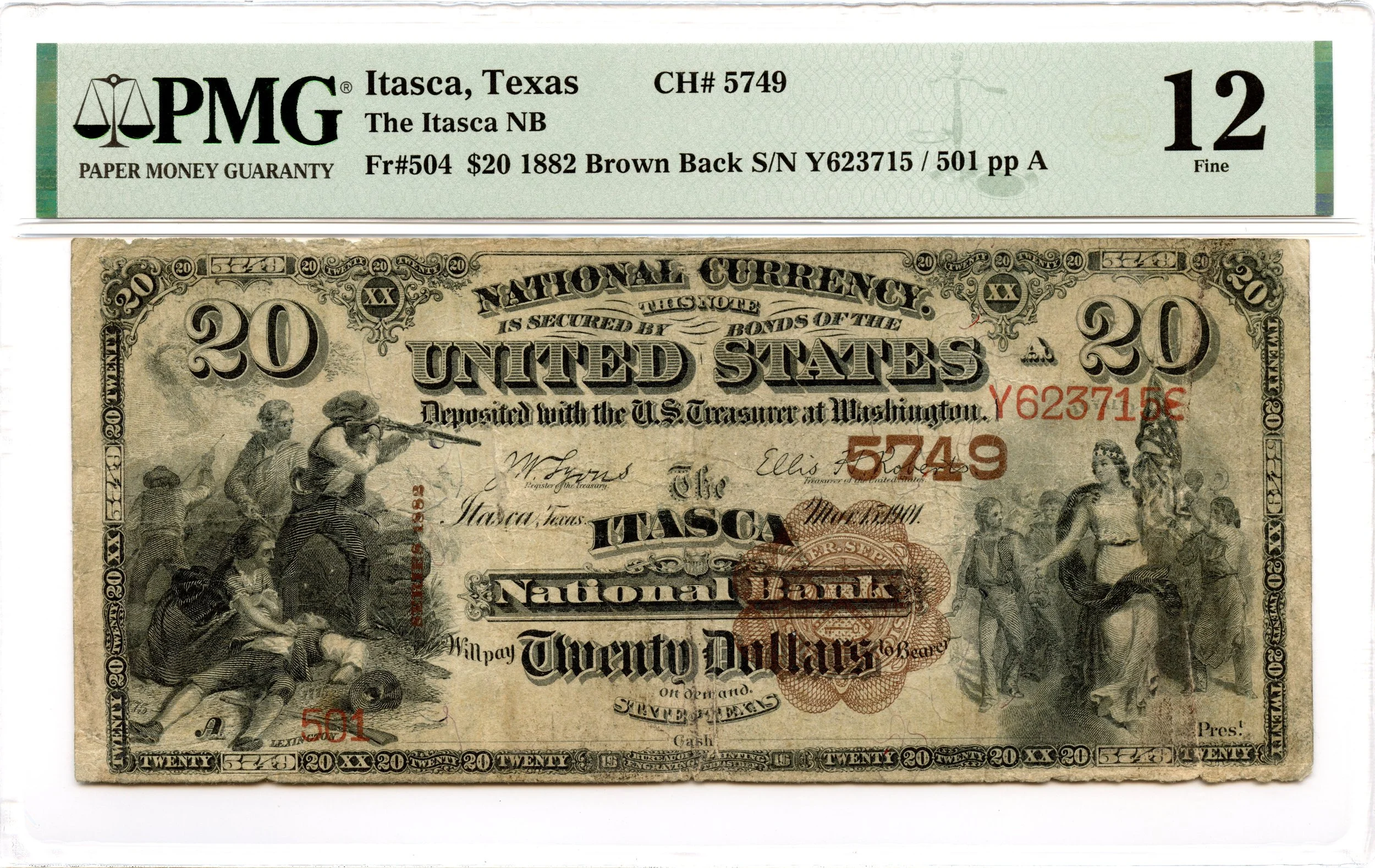 1882 $20 National Brown Back Fr#504 Itasca NB Itasca, Texas CH#5749 PMG F-12