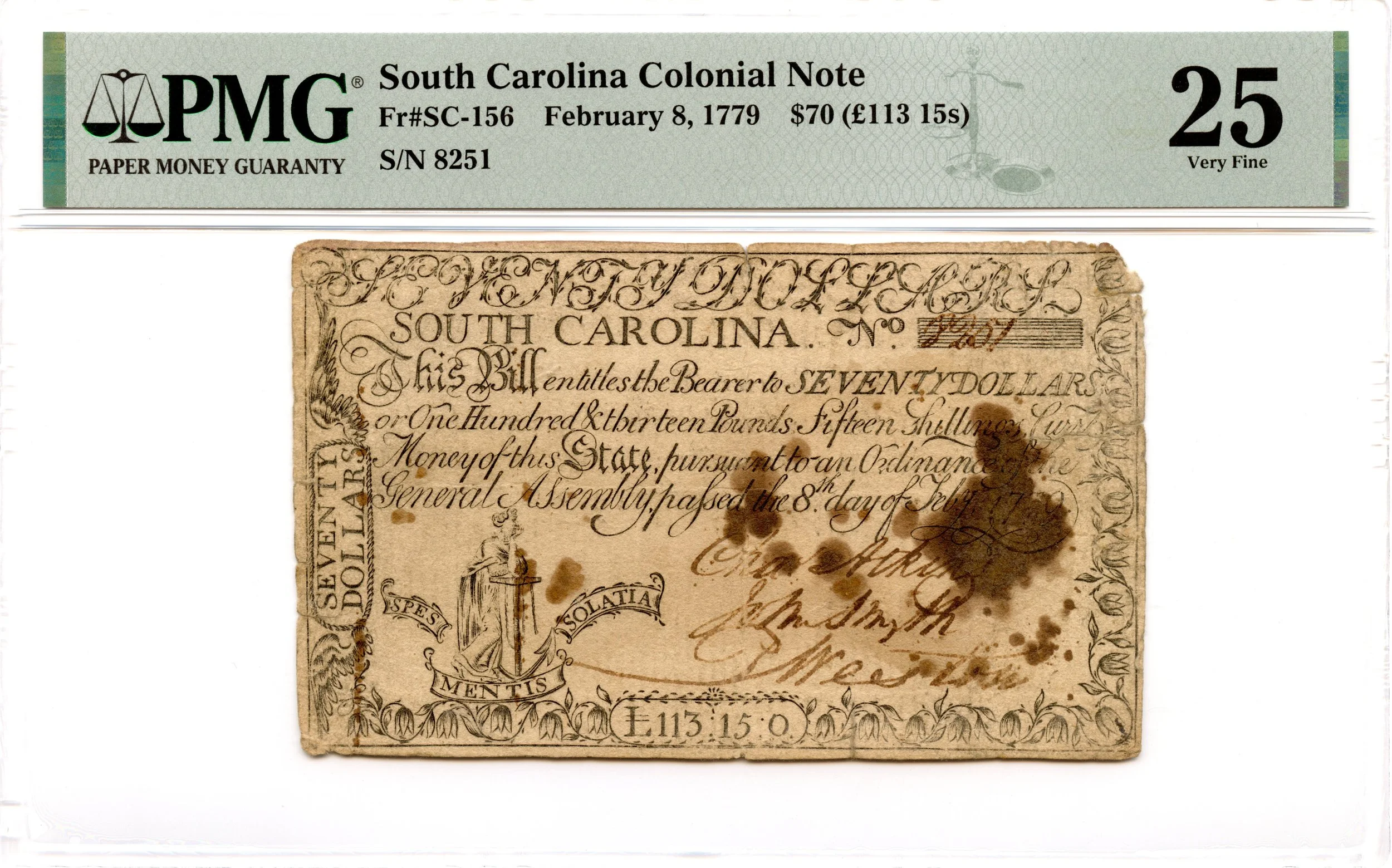 South Carolina Colonial Note Fr#SC-156 February 8, 1779 $70 PMG VF-25 *Prometheus*
