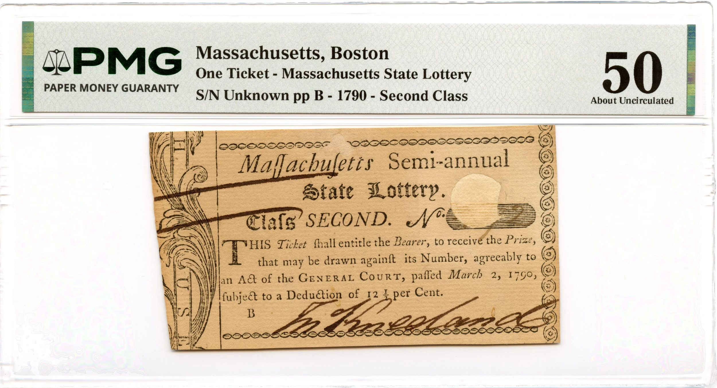 Massachusetts Colonial Lottery 1790 Boston, MA State Lottery PMG AU-50