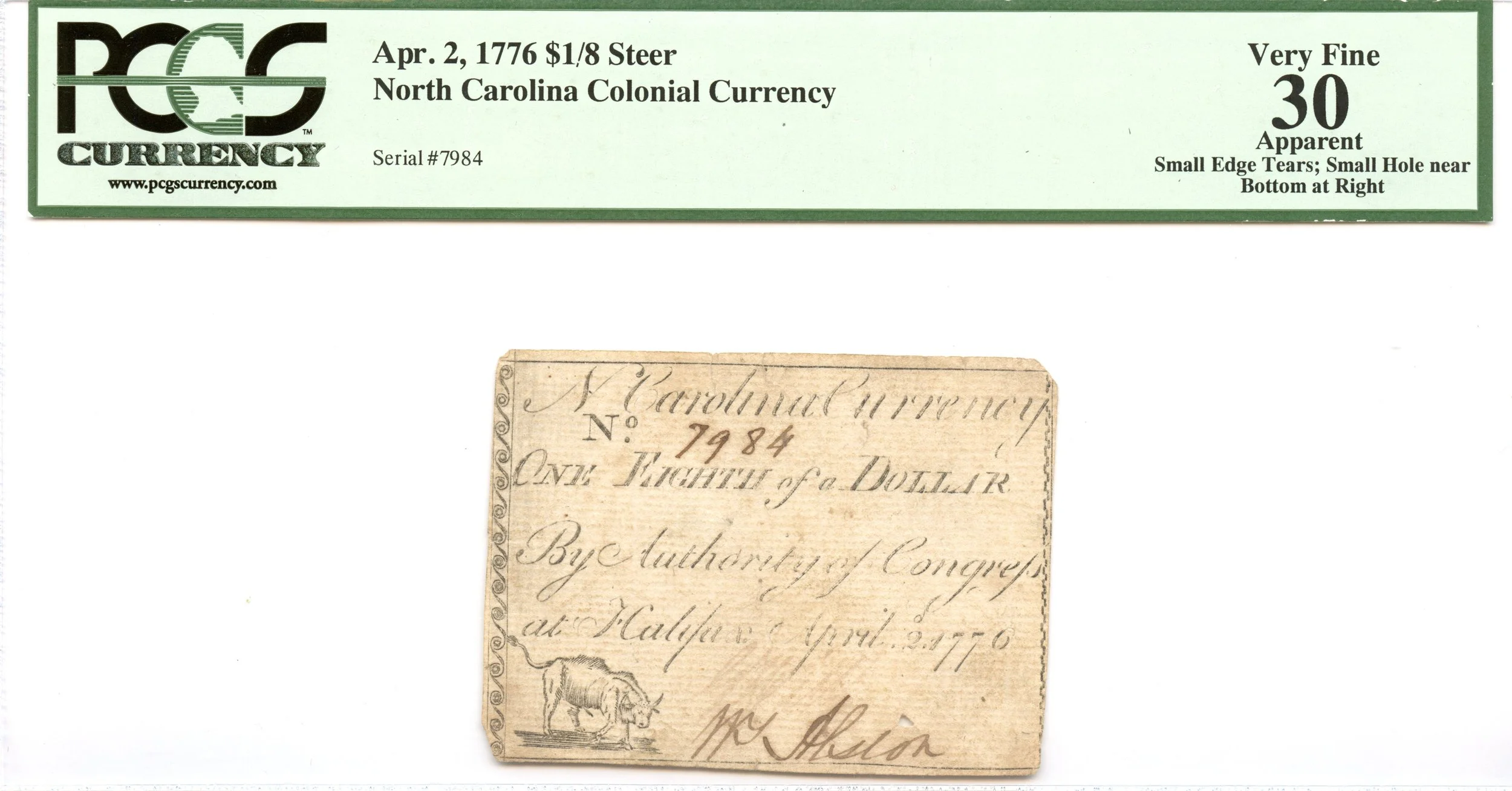 North Carolina Colonial Note Fr#NC-154c April 2, 1776 $1/8 PCGS VF-30 *Steer*