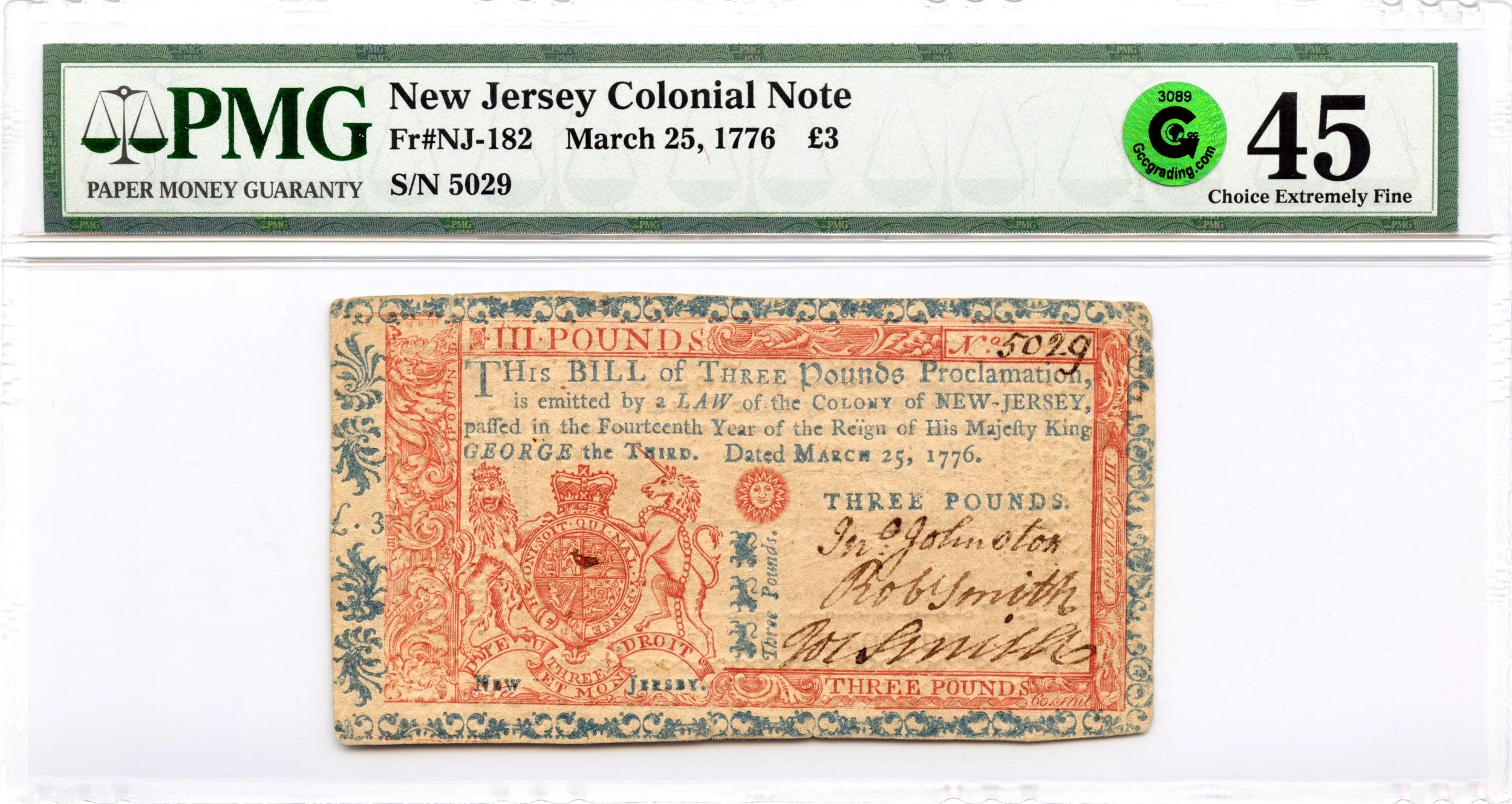 New Jersey Colonial Note Fr#NJ-182 March 25, 1776 3 Pounds PMG XF-45 GCC Green *Exceptional*