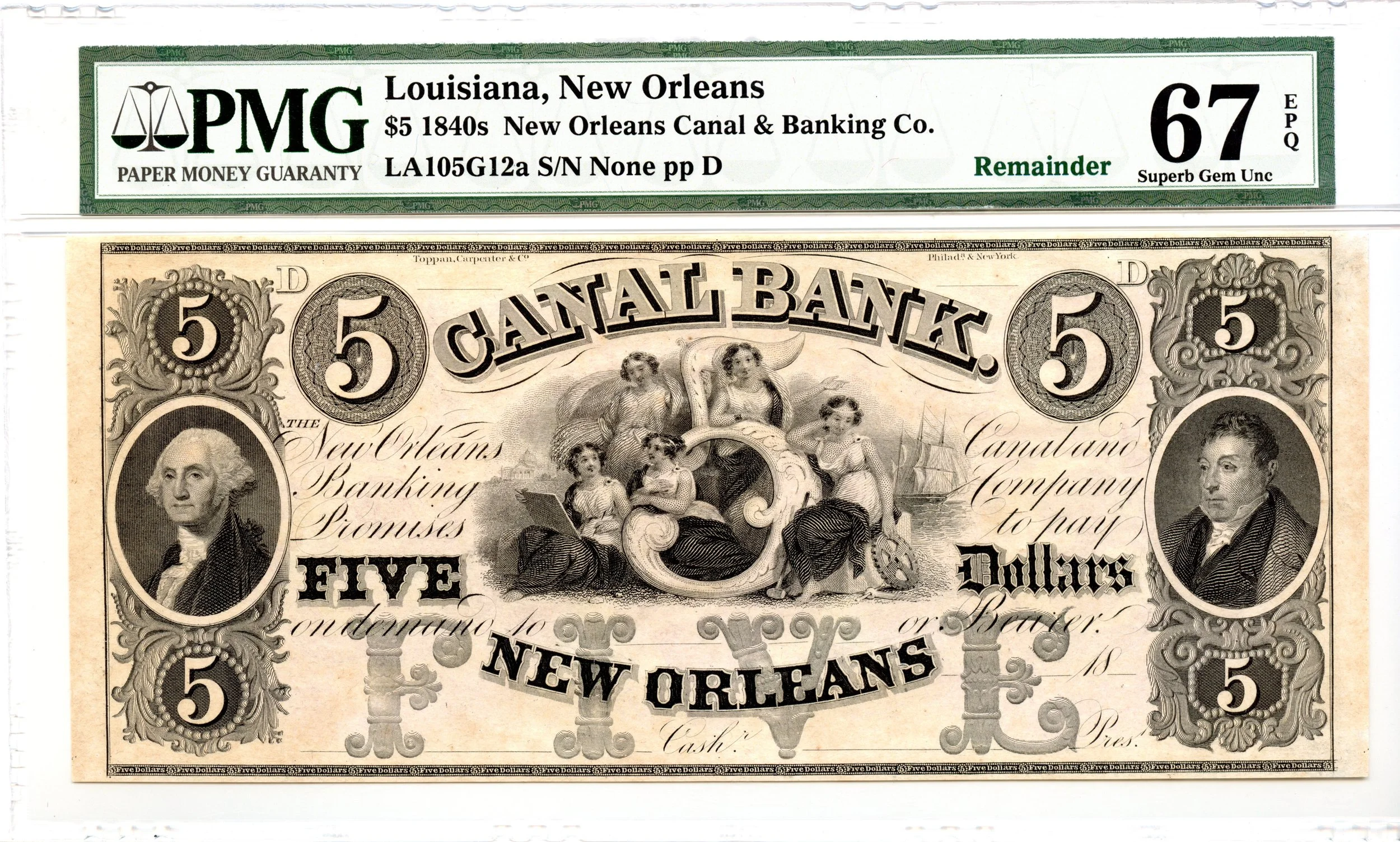 1840s $5 New Orleans, Louisiana Obsolete Note Canal Bank PMG Superb GEM 67 EPQ