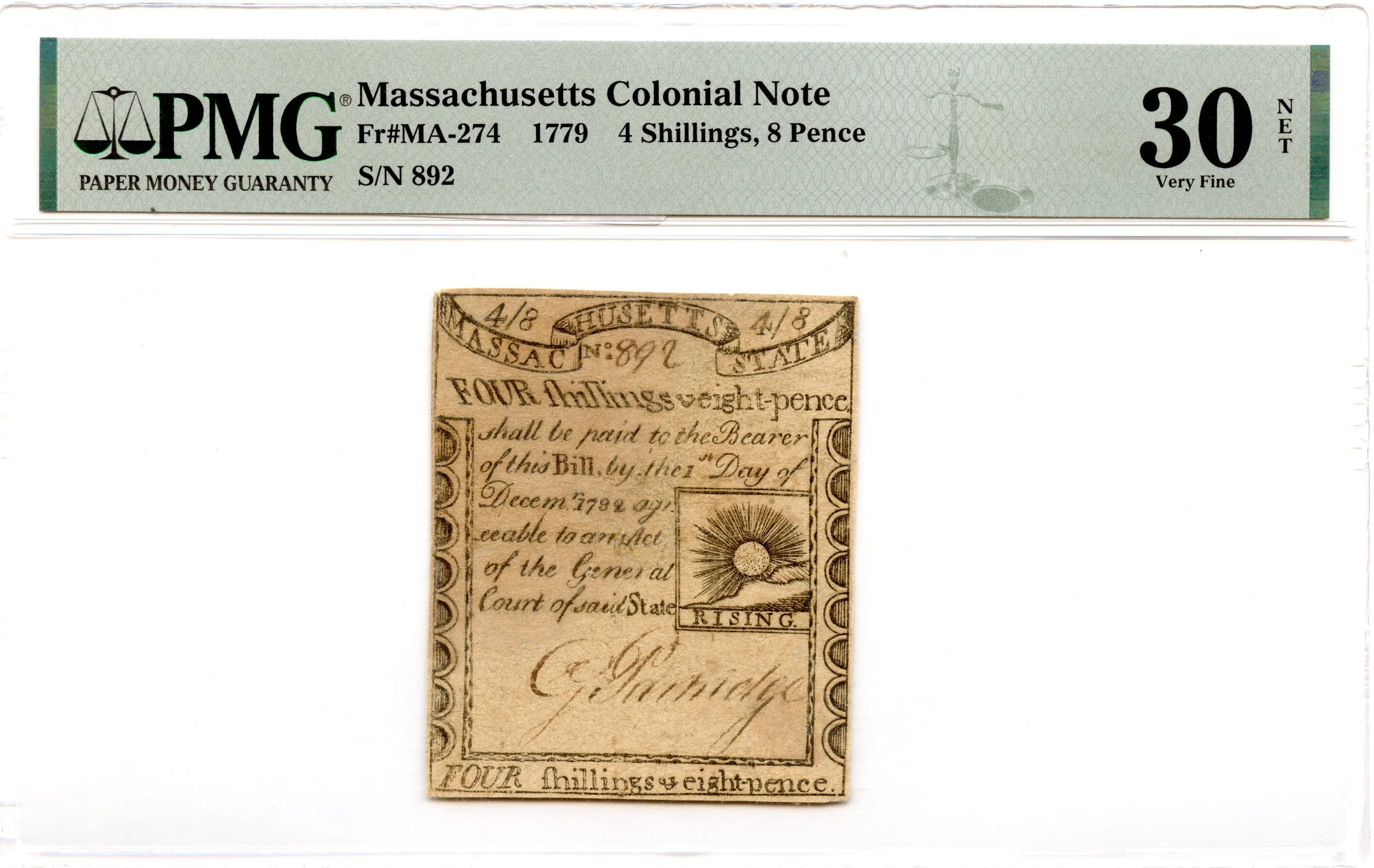 Massachusetts Colonial Note Fr#MA-274 1779 4s8d PMG VF-30 *Paul Revere Rising Sun*