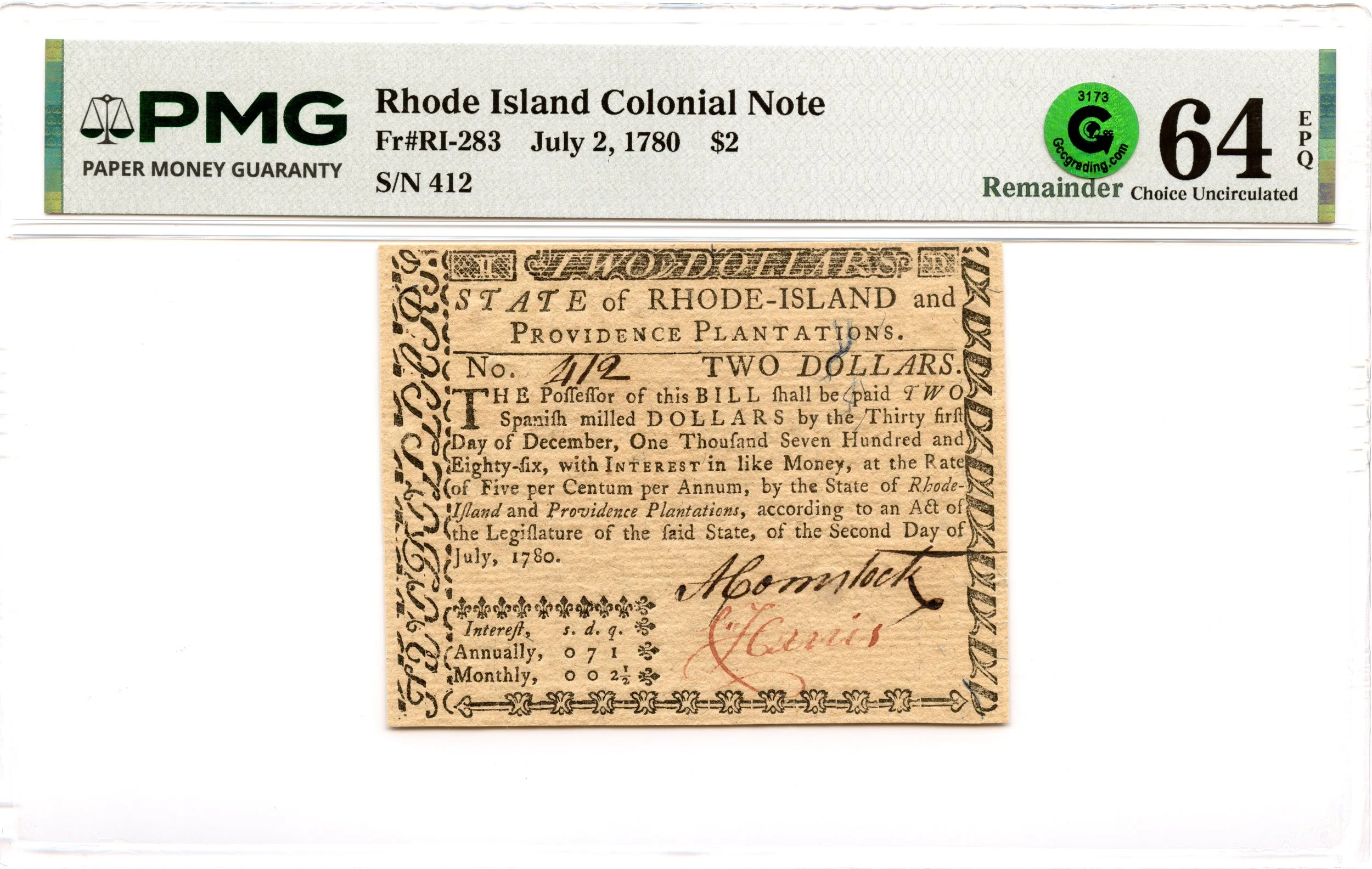 Rhode Island Colonial Note Fr#RI-283 July 2, 1780 $2 PMG CU-64 EPQ GCC Green *Exceptional*