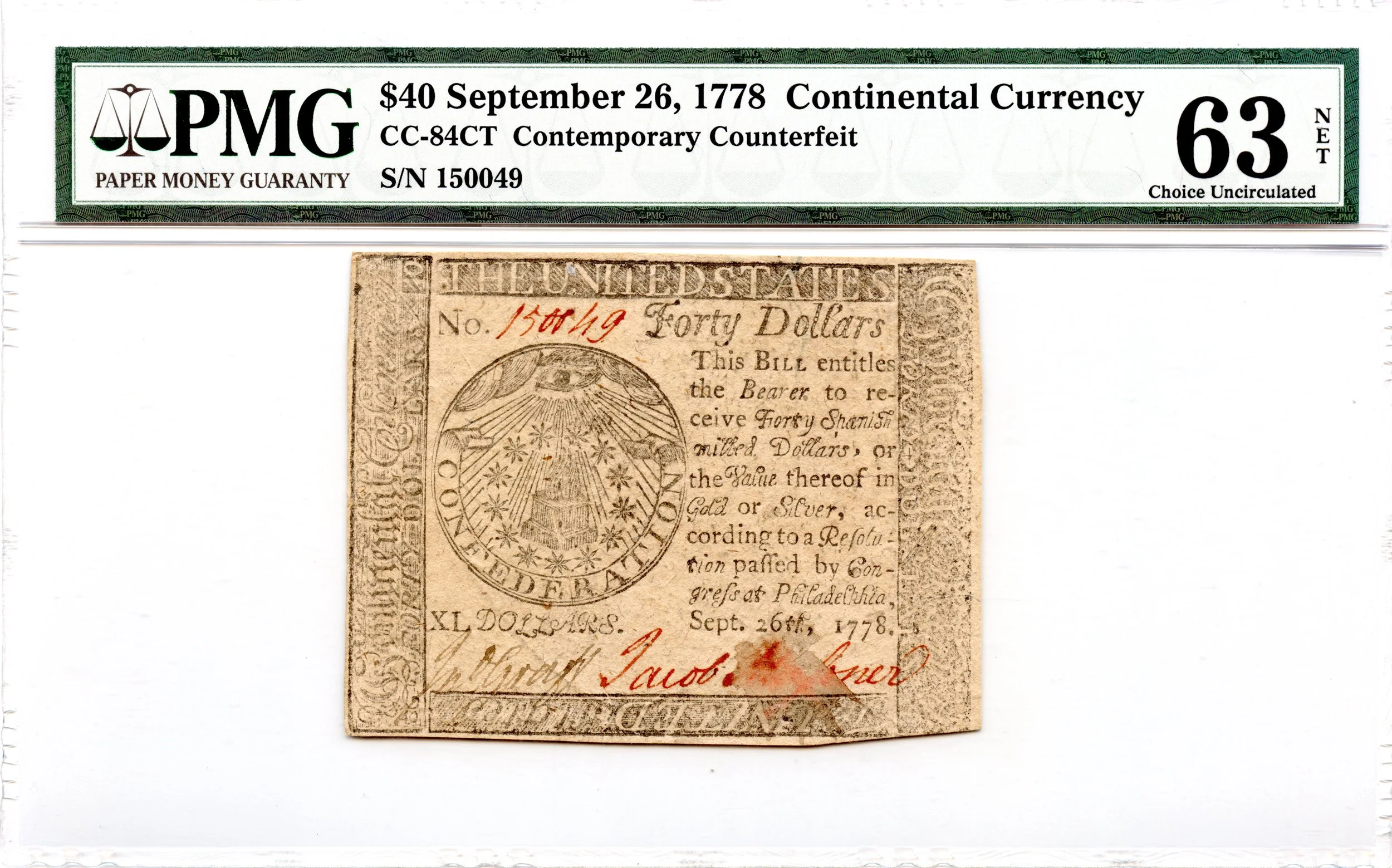 Continental Currency Fr#CC-84CT September 26, 1778 $40 PMG CU-63 *Contemporary Counterfeit*