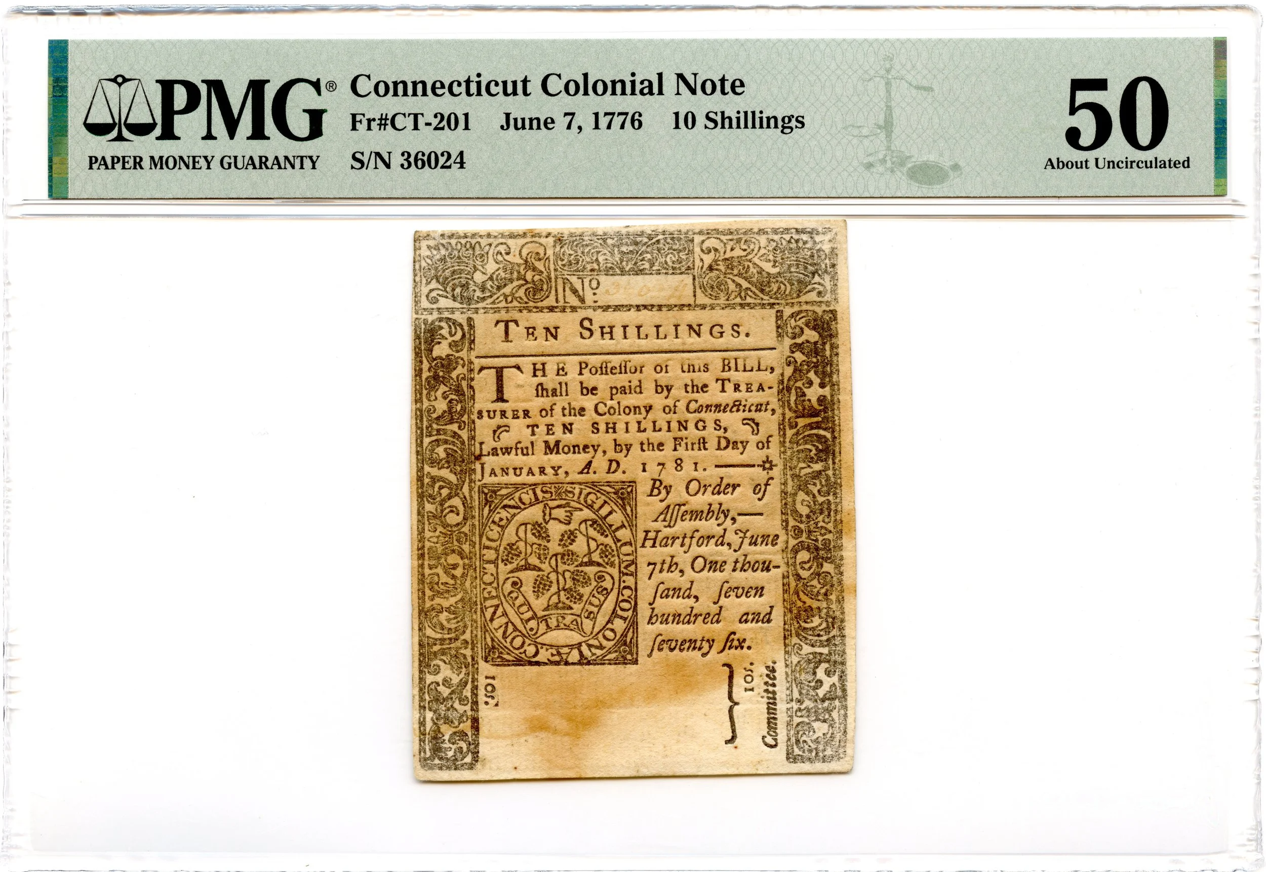 Connecticut Colonial Note Fr#CT-201 June 7, 1776 10s PMG AU-50 *12 Known*