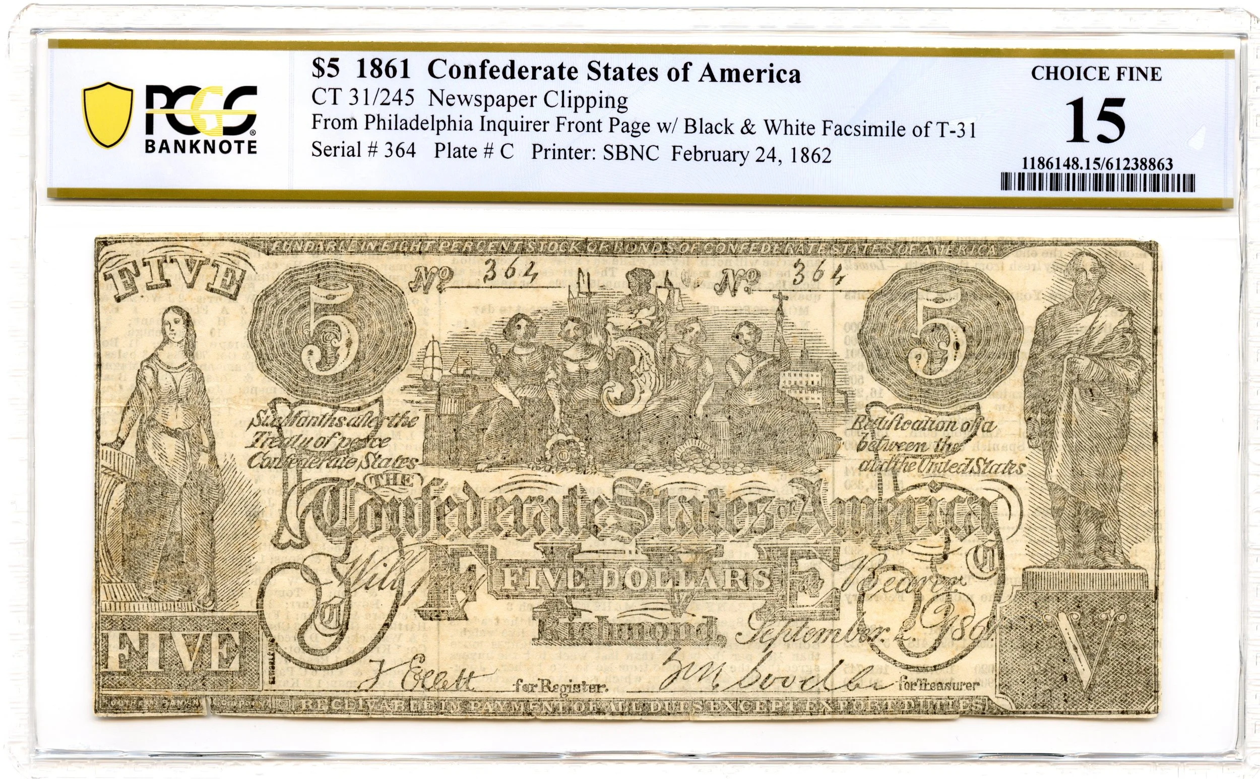 1861 $5 Confederate States of America CT-31/245 CSA PCGS F-15 *Contemporary Counterfeit*