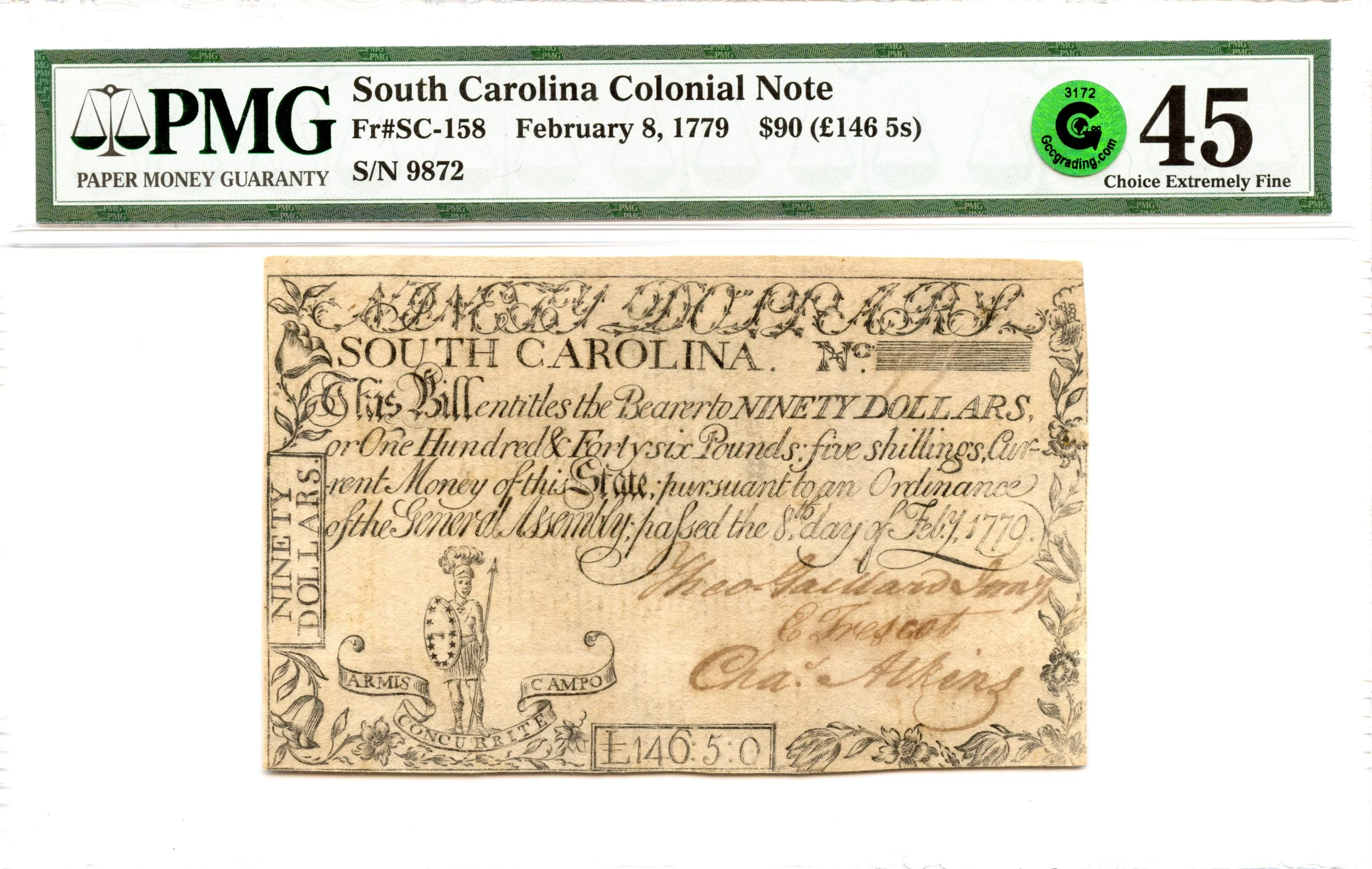 South Carolina Colonial Note Fr#SC-158 February 8, 1779 $90 PMG XF-45 GCC Green *Hercules & Lion*