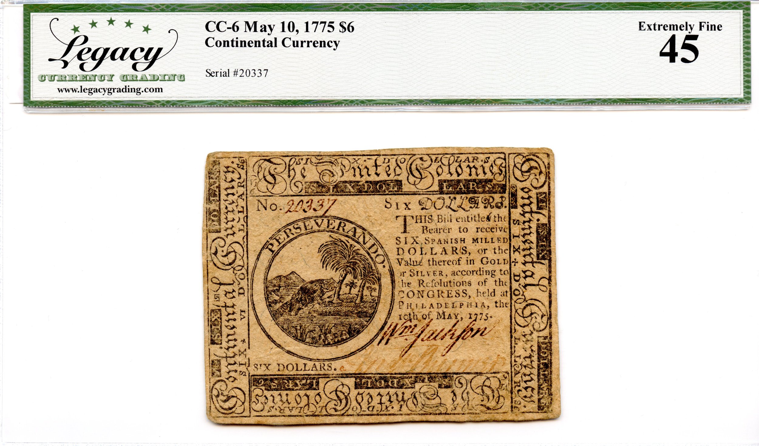 Continental Currency Fr#CC-6 May 10, 1775 $6 Legacy XF-45 *First Issue*