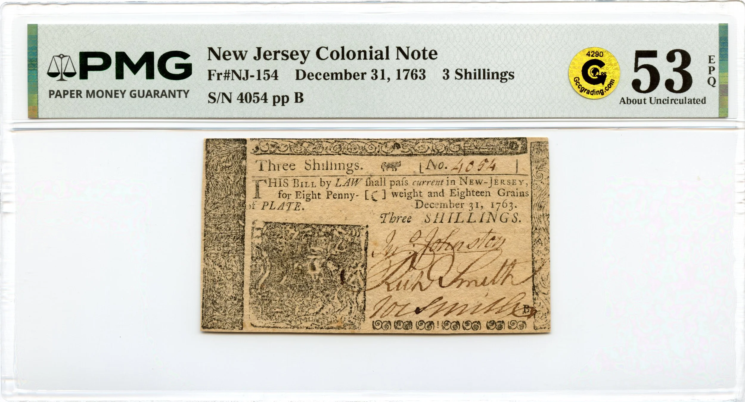 New Jersey Colonial Note Fr#NJ-154 December 31, 1763 3s PMG AU-53 EPQ GCC Gold