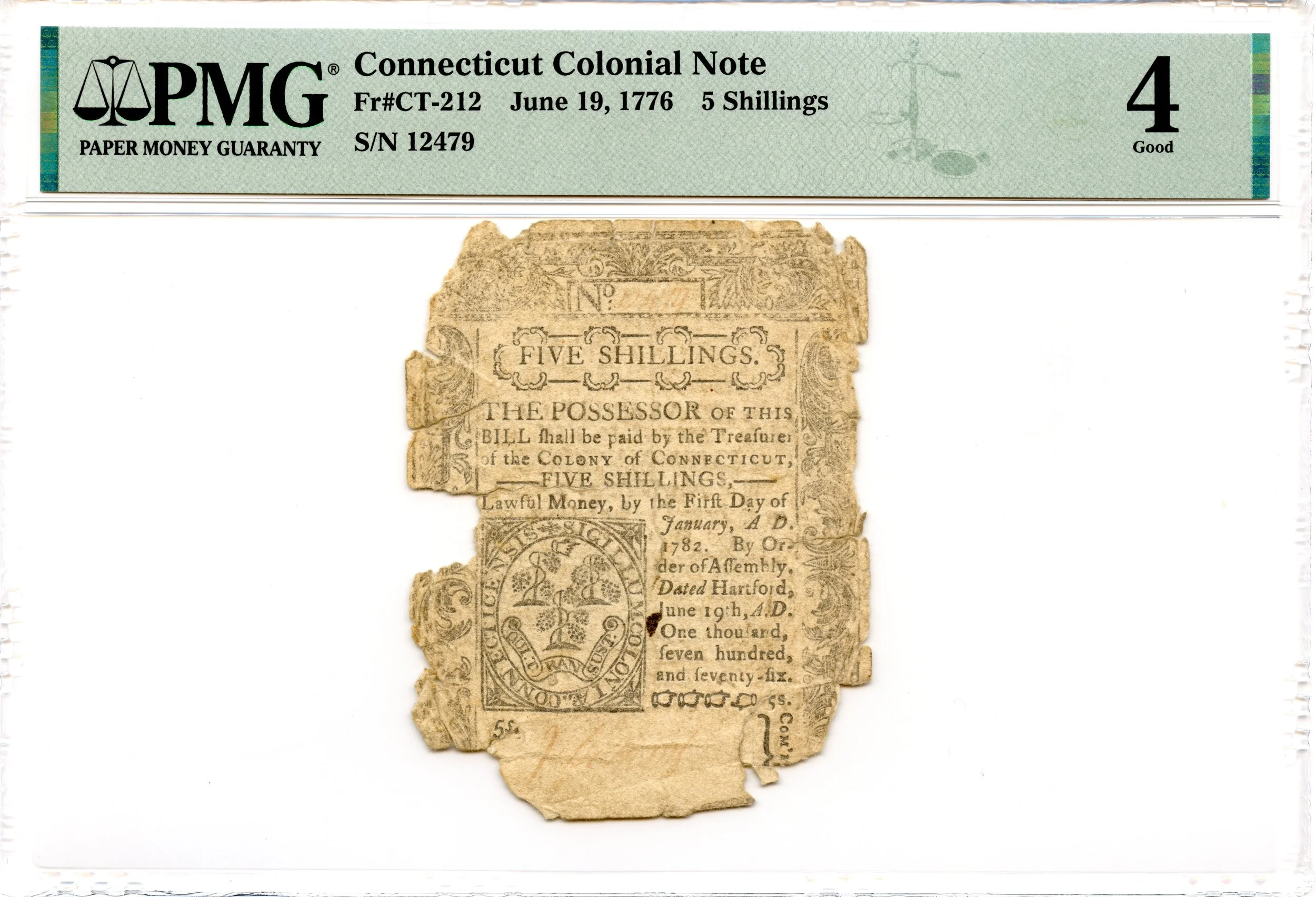 Connecticut Colonial Note Fr#CT-212 June 19, 1776 5s PMG G-4