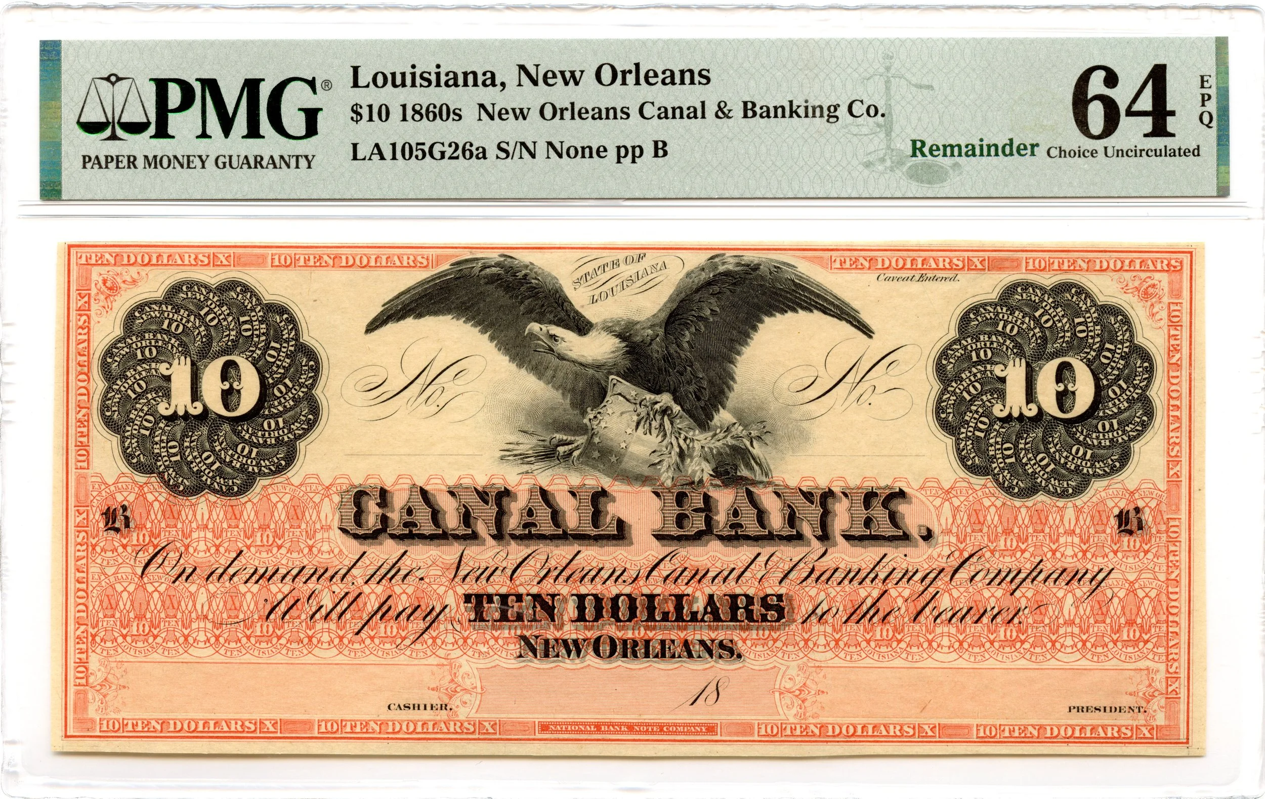 1860s $10 New Orleans, Louisiana Obsolete Note Canal Bank PMG CU-64 EPQ