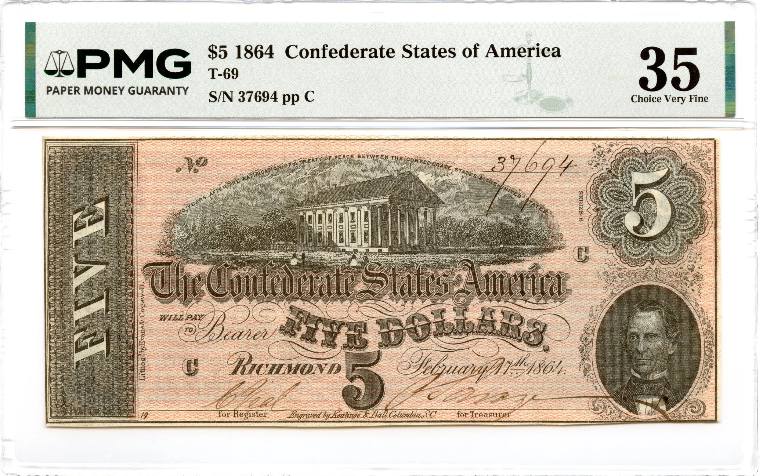 1864 $5 Confederate States of America T-69 PMG VF-35