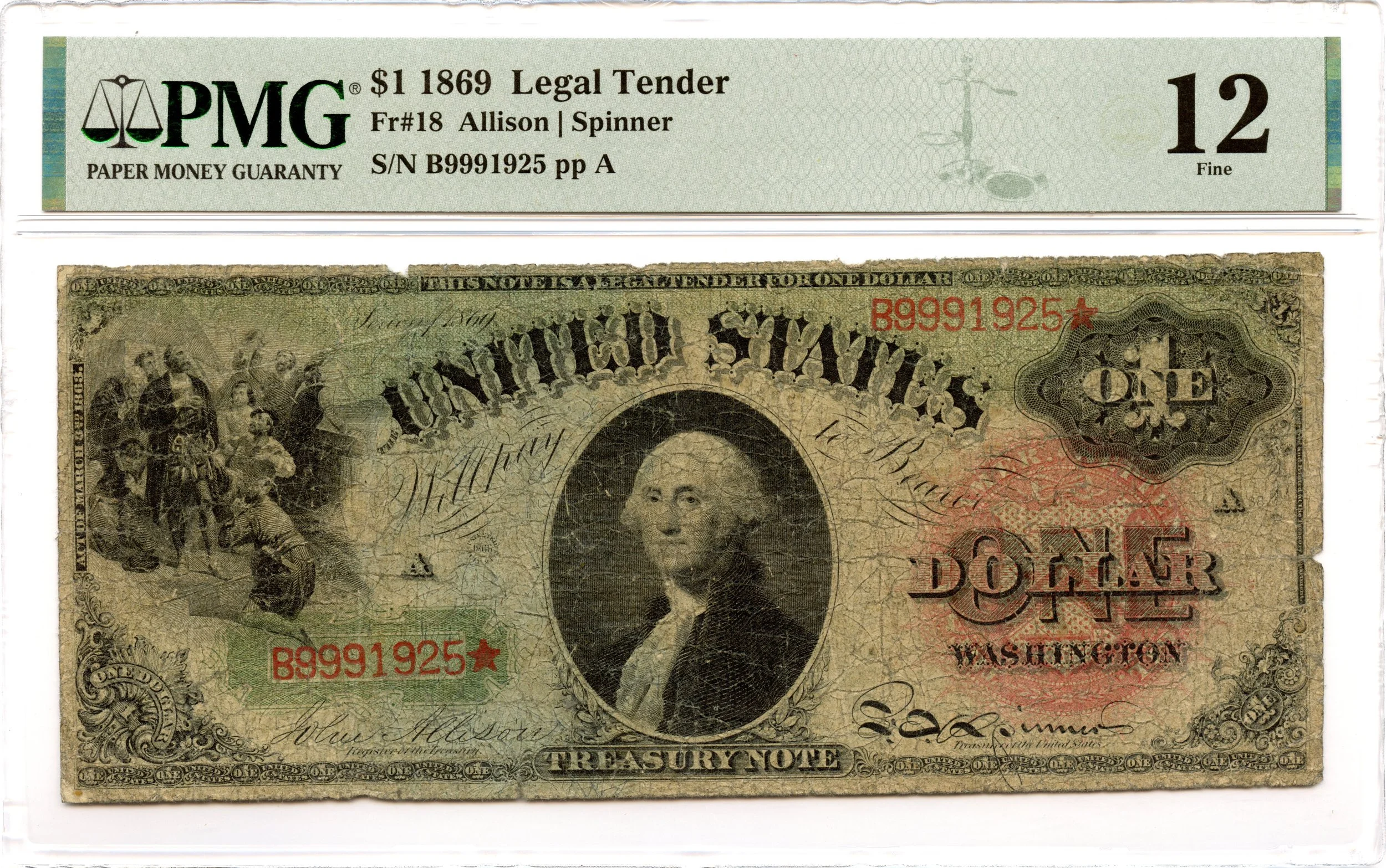 1869 $1 Legal Tender Note Fr#18 PMG F-12 *Rainbow*