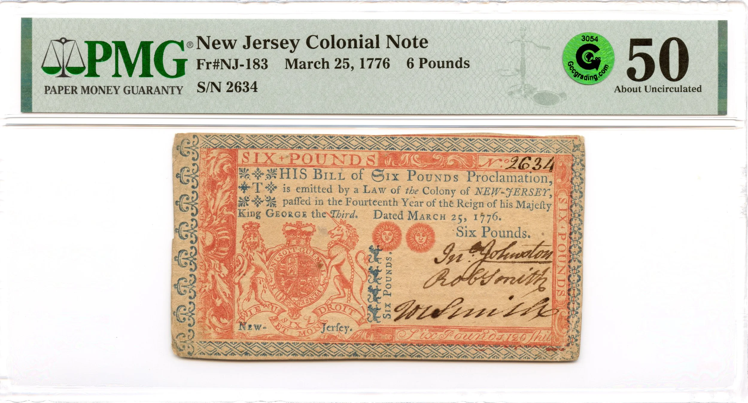 New Jersey Colonial Note Fr#NJ-183 March 25, 1776 6 Pounds PMG AU-50 GCC Green *Exceptional*