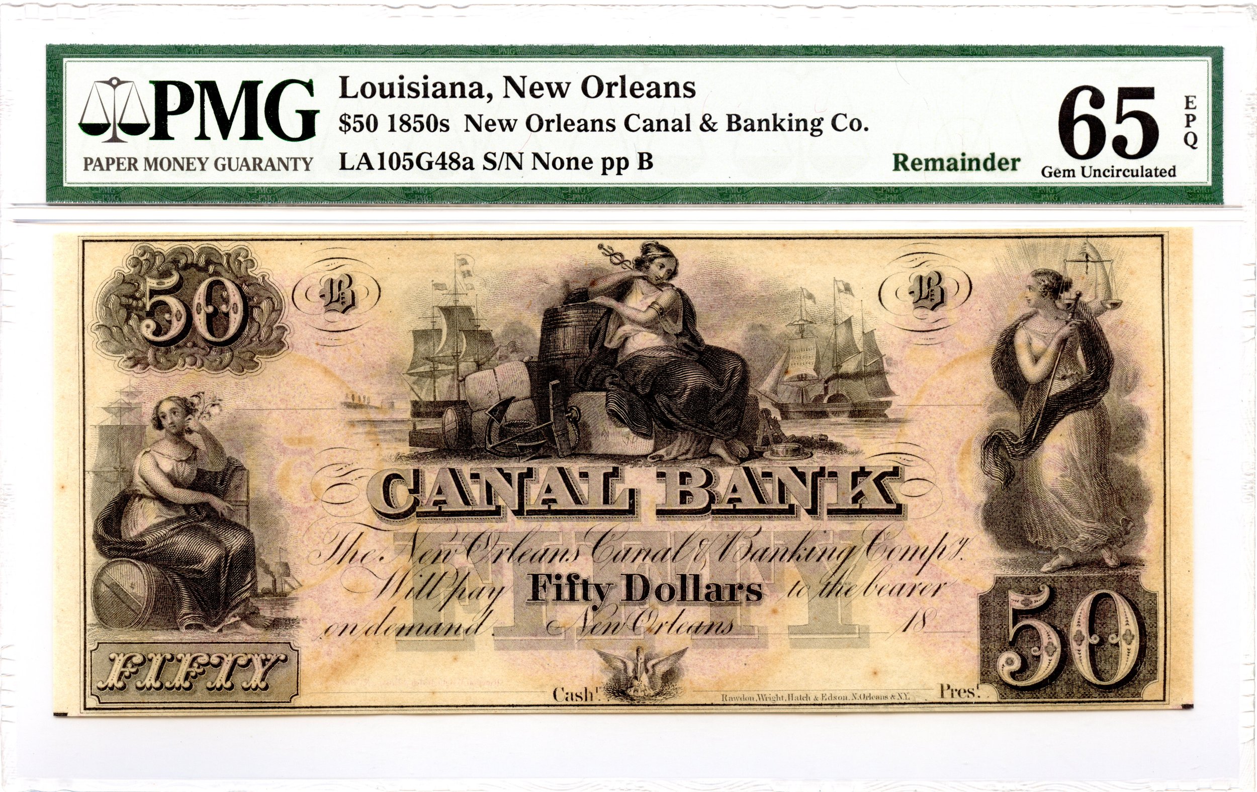 1850s $50 New Orleans, Louisiana Obsolete Note Canal Bank PMG GEM 65 EPQ