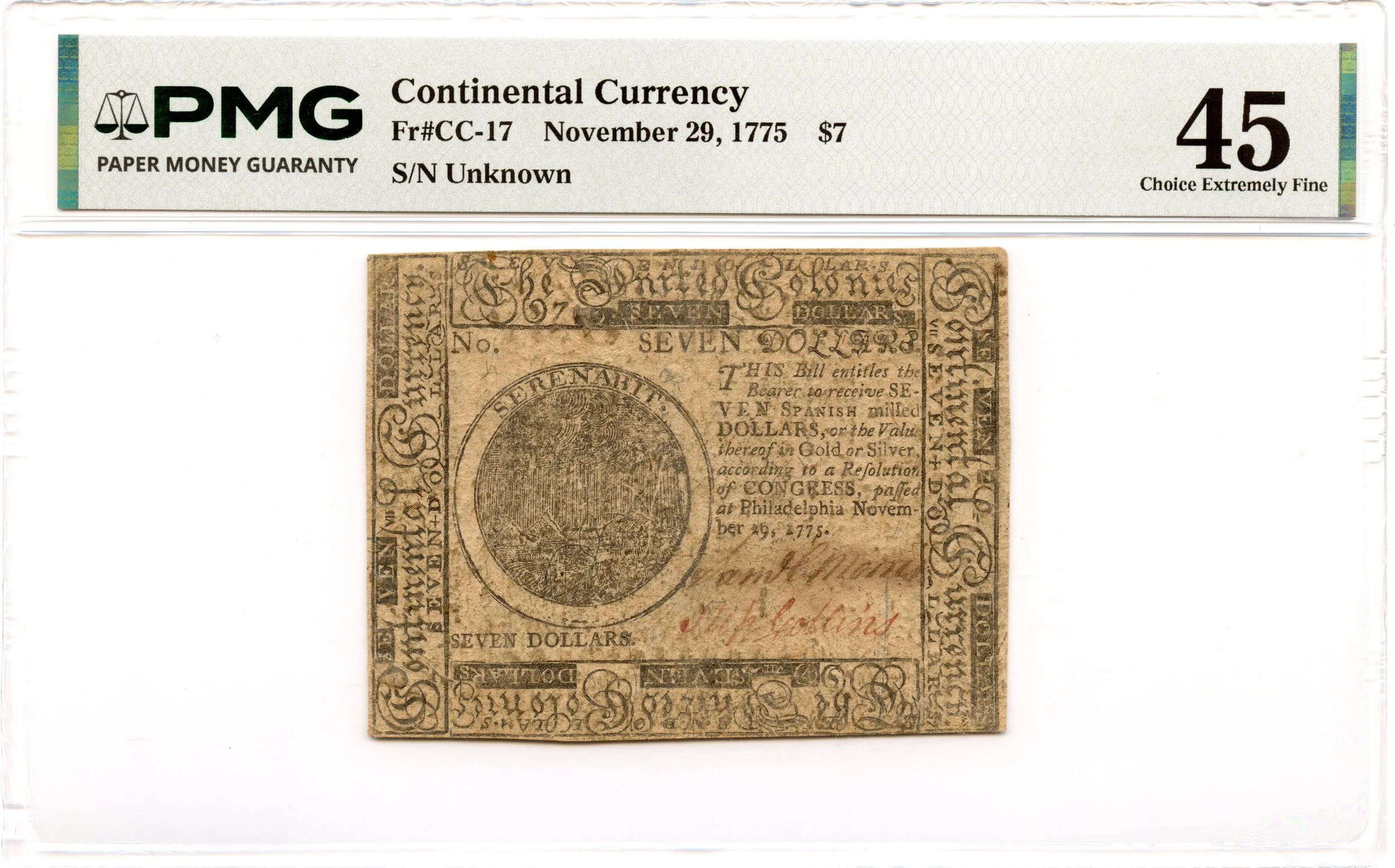 Continental Currency Fr#CC-17 November 29, 1775 $7 PMG XF-45
