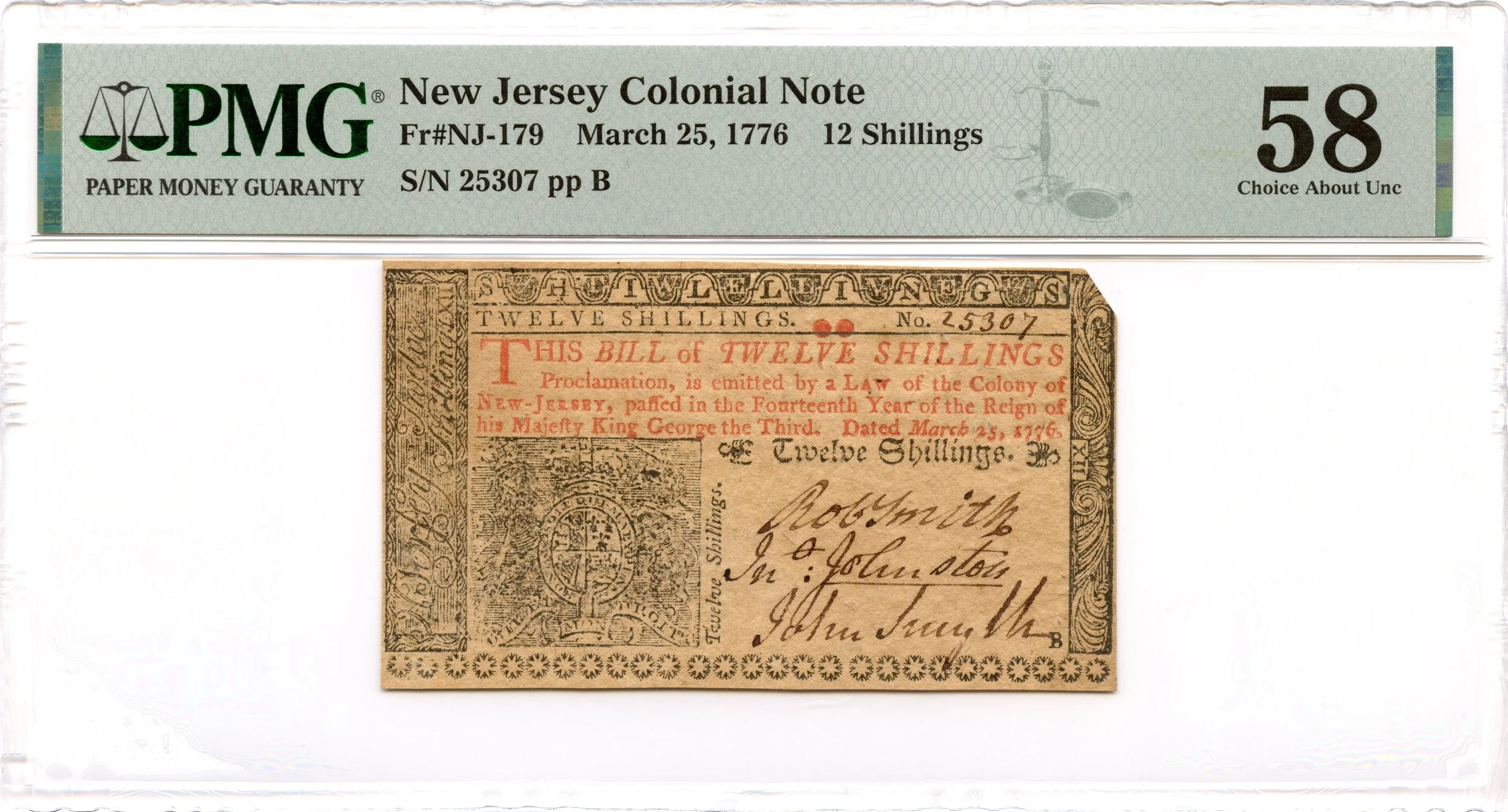New Jersey Colonial Note Fr#NJ-179 March 25, 1776 12s PMG AU-58 *Eye Appeal*