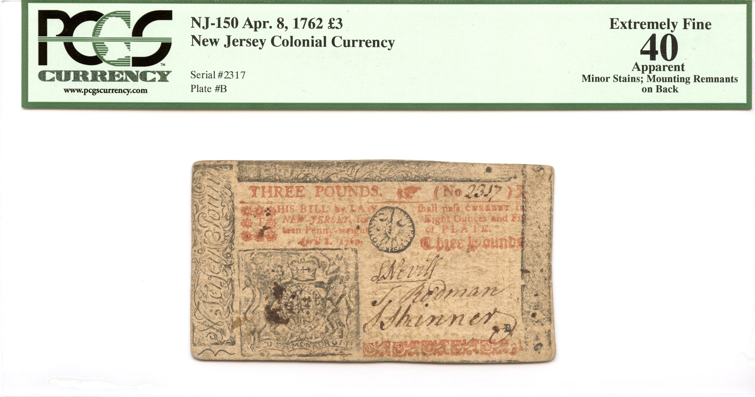 New Jersey Colonial Note Fr#NJ-150 April 8, 1762 3 Pounds PCGS XF-40