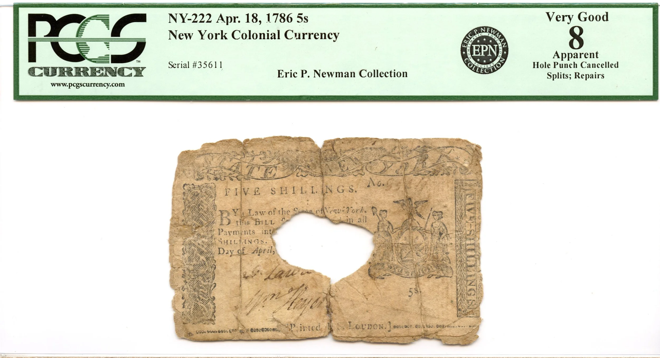 New York Colonial Note Fr#NY-222 April 18, 1786 5s PCGS VG-8 *9 Known*
