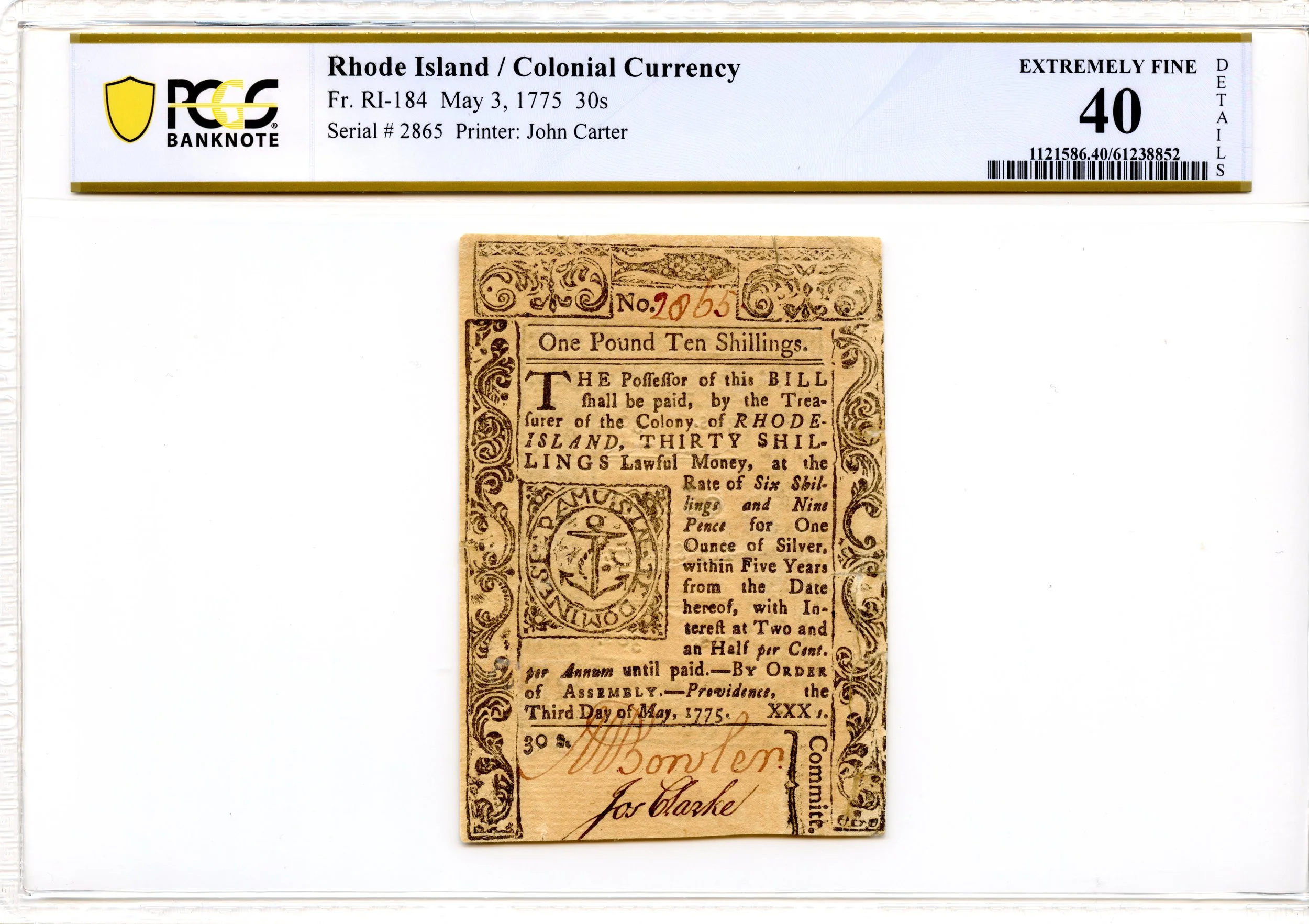 Rhode Island Colonial Note Fr#RI-184 May 3, 1775 30s PCGS XF-40 *Unique 1 Known*