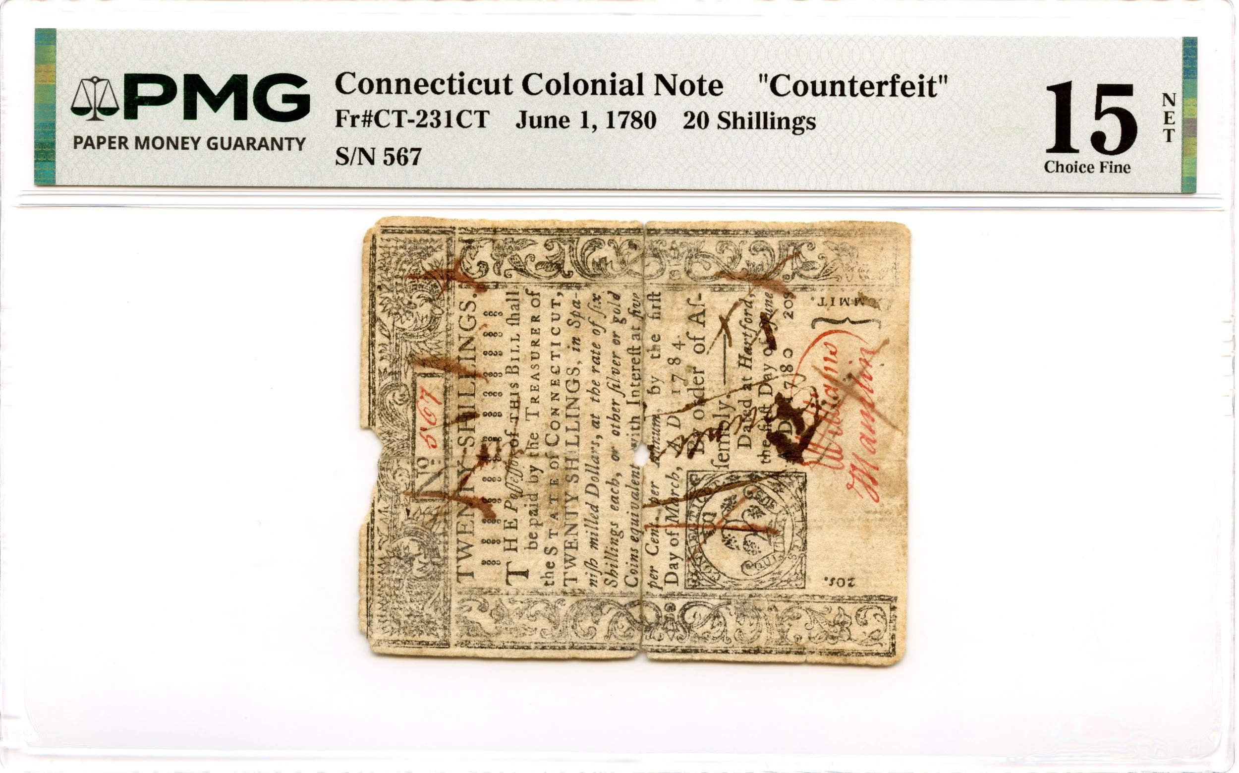 Connecticut Colonial Note Fr#CT-231CT June 1, 1780 20s PMG F-15 *Contemporary Counterfeit*