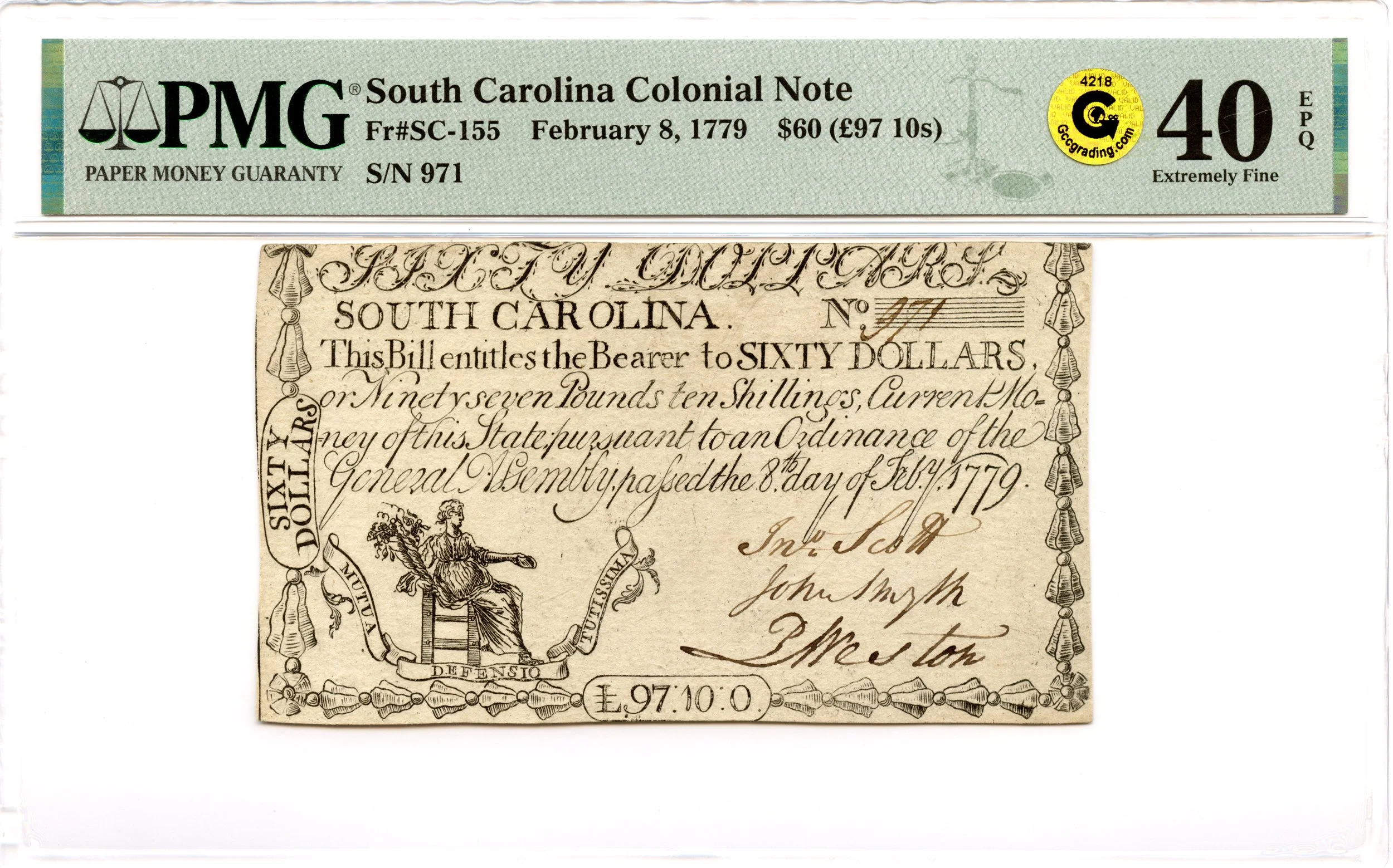 South Carolina Colonial Note Fr#SC-155 February 8, 1779 $60 PMG XF-40 EPQ GCC Gold *Exceptional*
