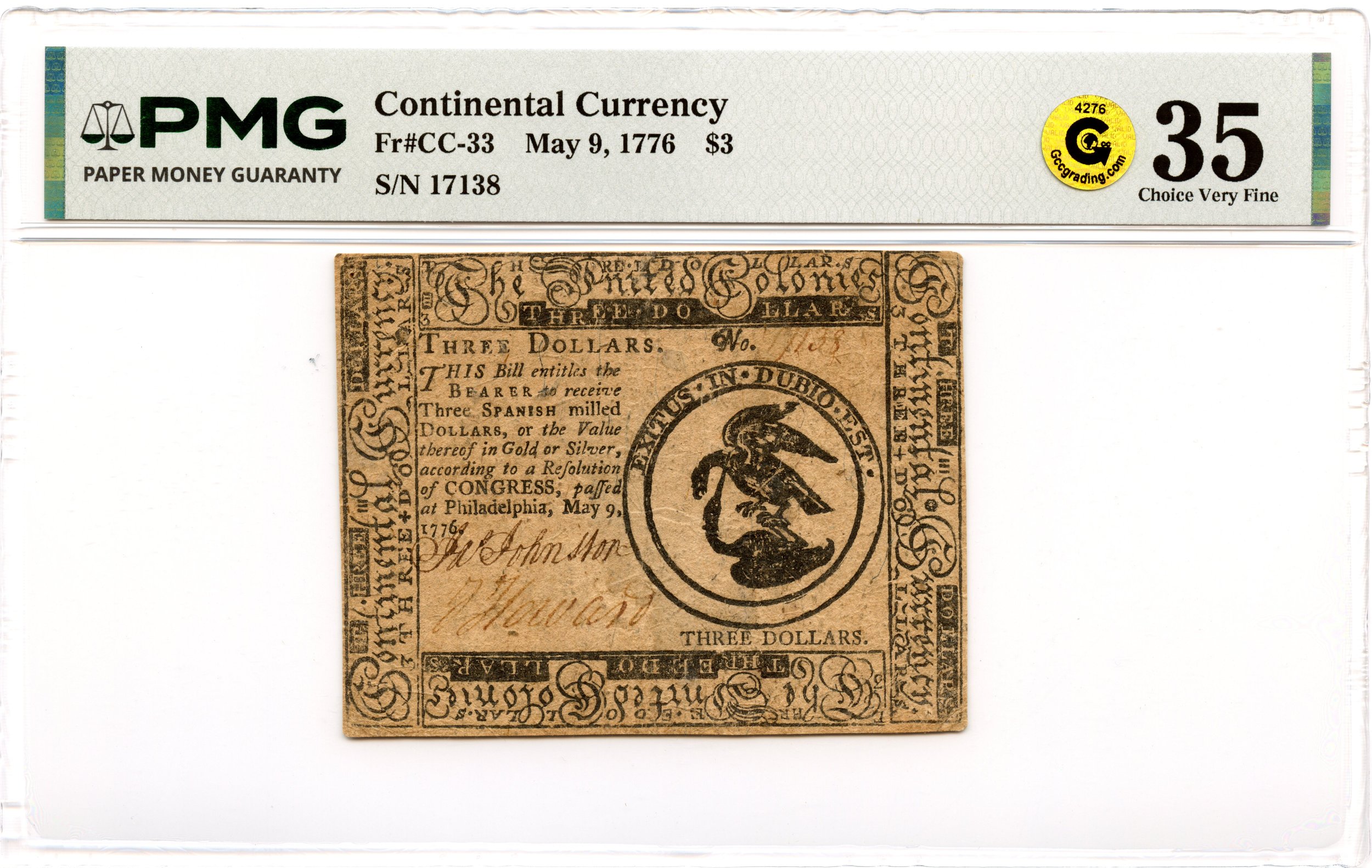 Continental Currency Fr#CC-33 May 9, 1776 $3 PMG VF-35 GCC Gold *Exceptional*