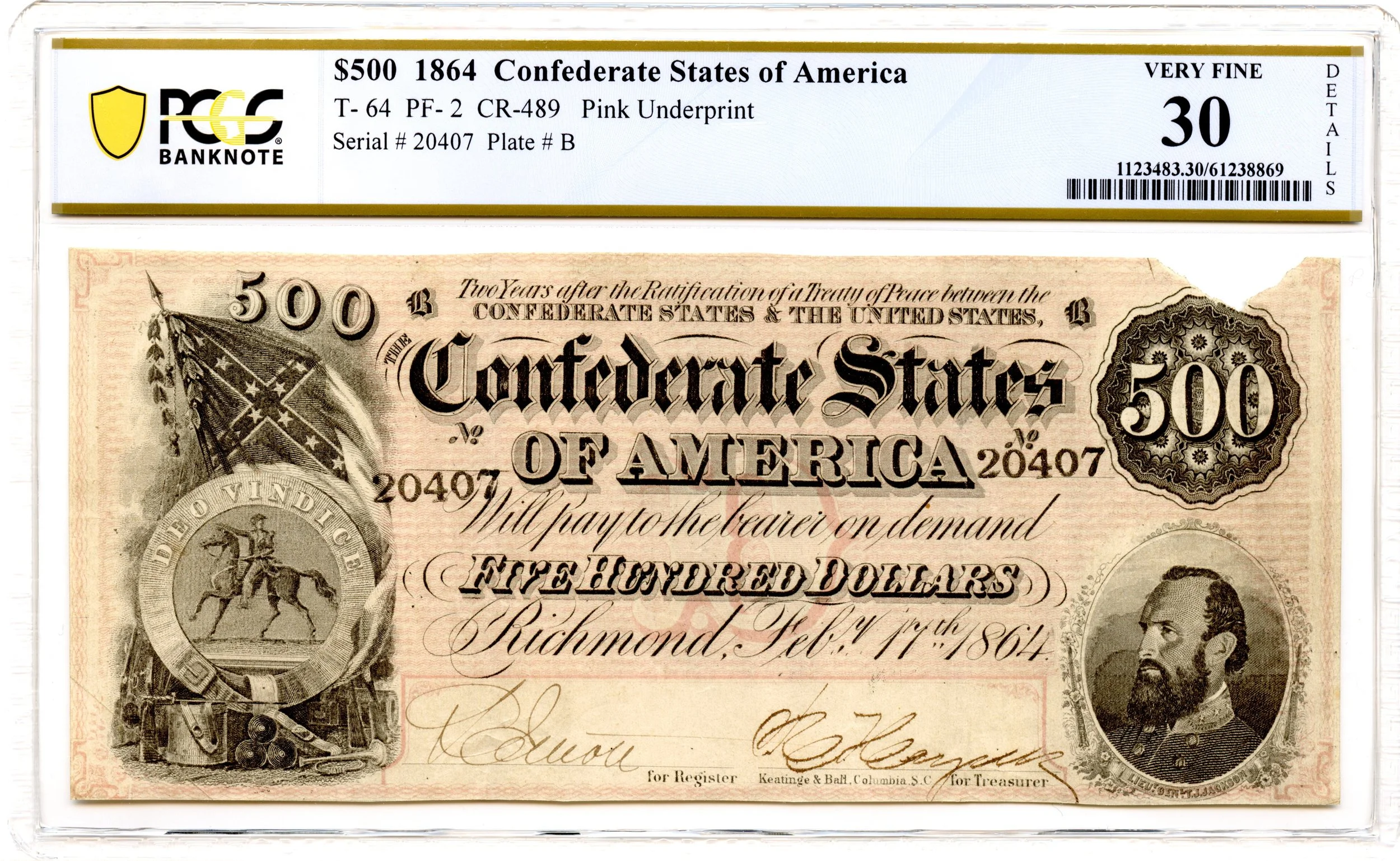 1864 $500 Confederate States of America T-64 CSA PCGS VF-30