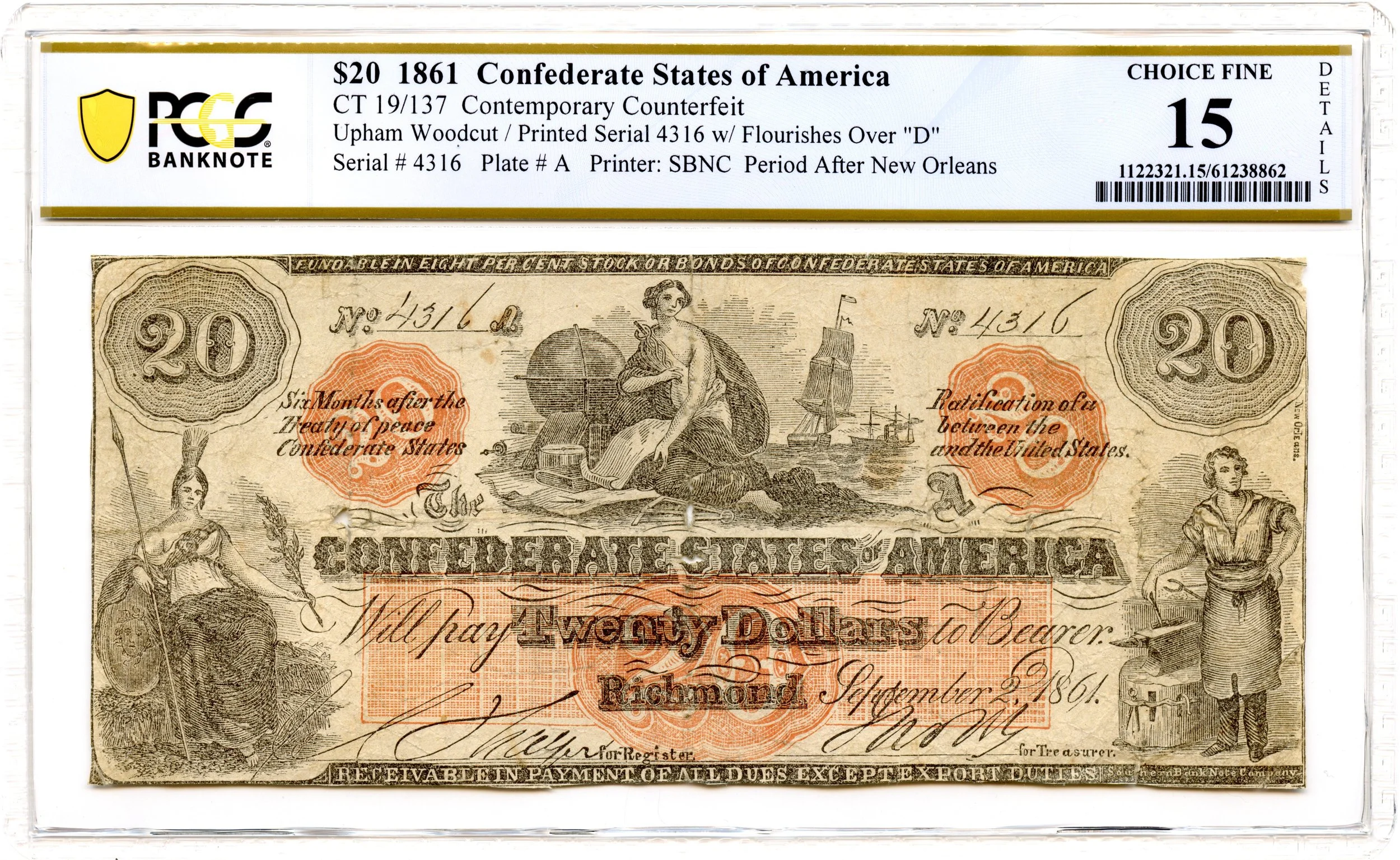 1861 $20 Confederate States of America CT-19/137 CSA PCGS F-15 *Upham Contemporary Counterfeit*