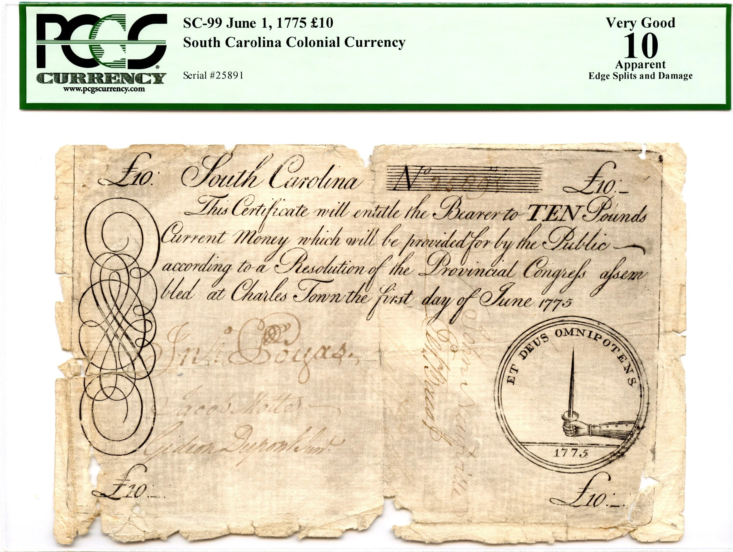 South Carolina Colonial Note Fr#SC-99 June 1, 1775 10P PCGS VG-10 *Jumbo Size*