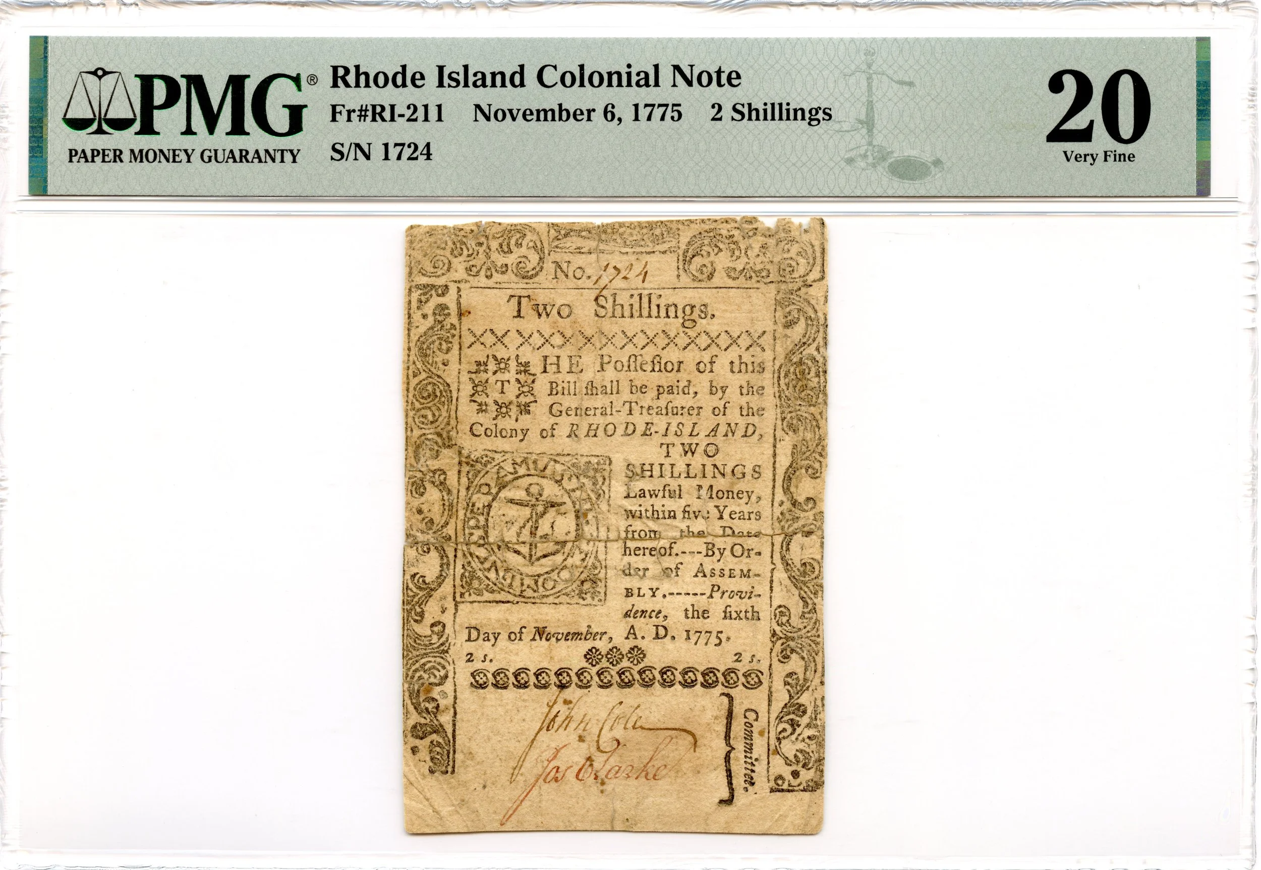 Rhode Island Colonial Note Fr#RI-211 November 6, 1775 2s PMG VF-20 *14 Known*