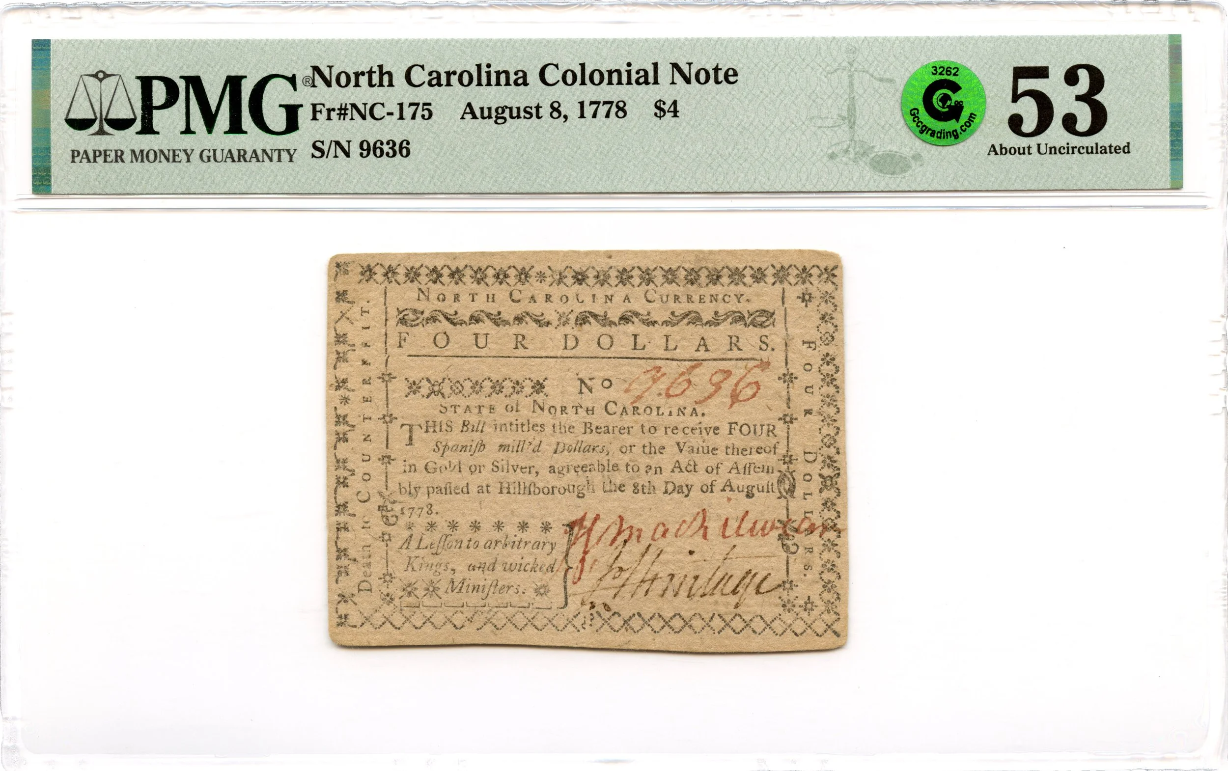 North Carolina Colonial Note Fr#NC-175 August 8, 1778 $4 PMG AU-53 GCC Green