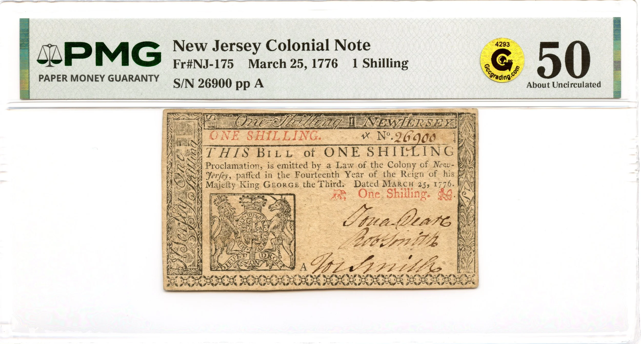 New Jersey Colonial Note Fr#NJ-175 March 25, 1776 1s PMG AU-50 GCC Gold