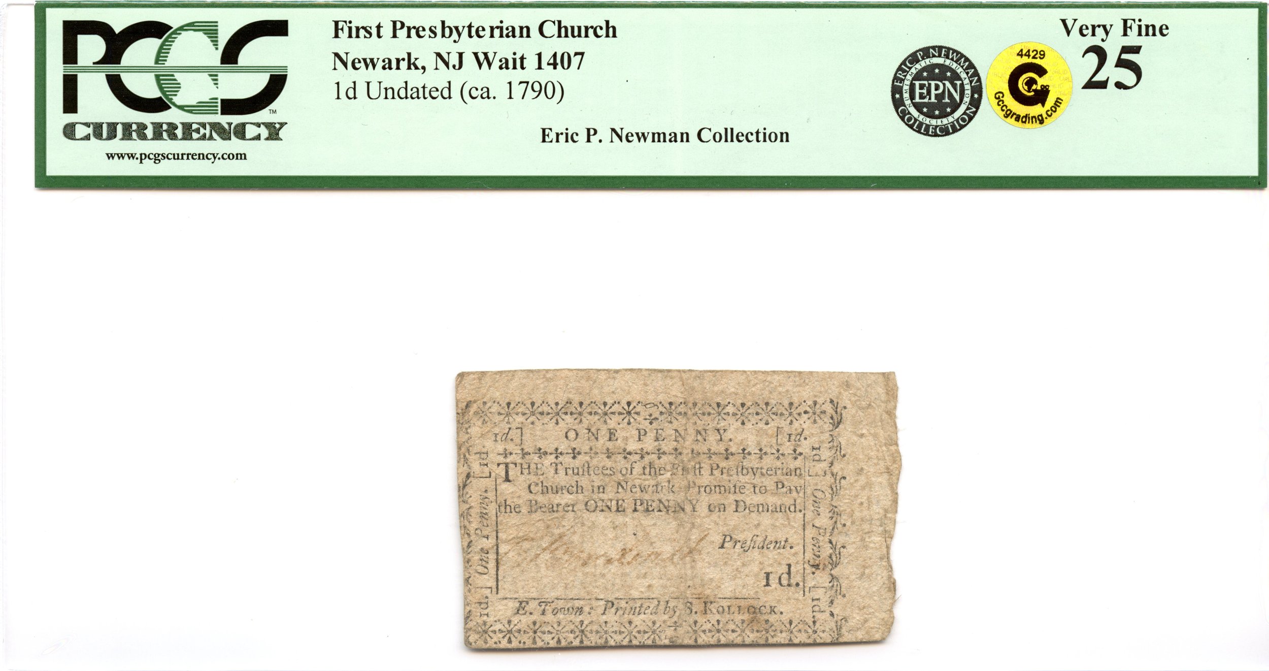 New Jersey Colonial Note 1790 1d First Presbyterian Church PCGS VF-25 GCC Gold