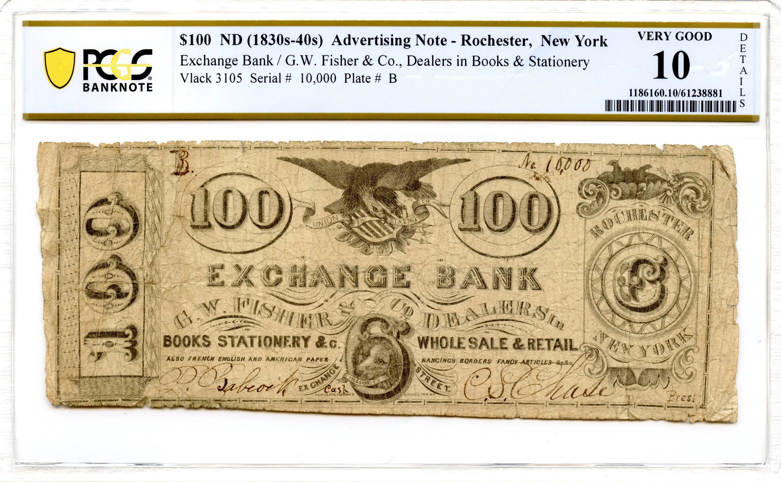 1830s-40s $100 Rochester, New York Obsolete Note Exchange Bank G.W. Fisher PCGS VG-10 *Rare*