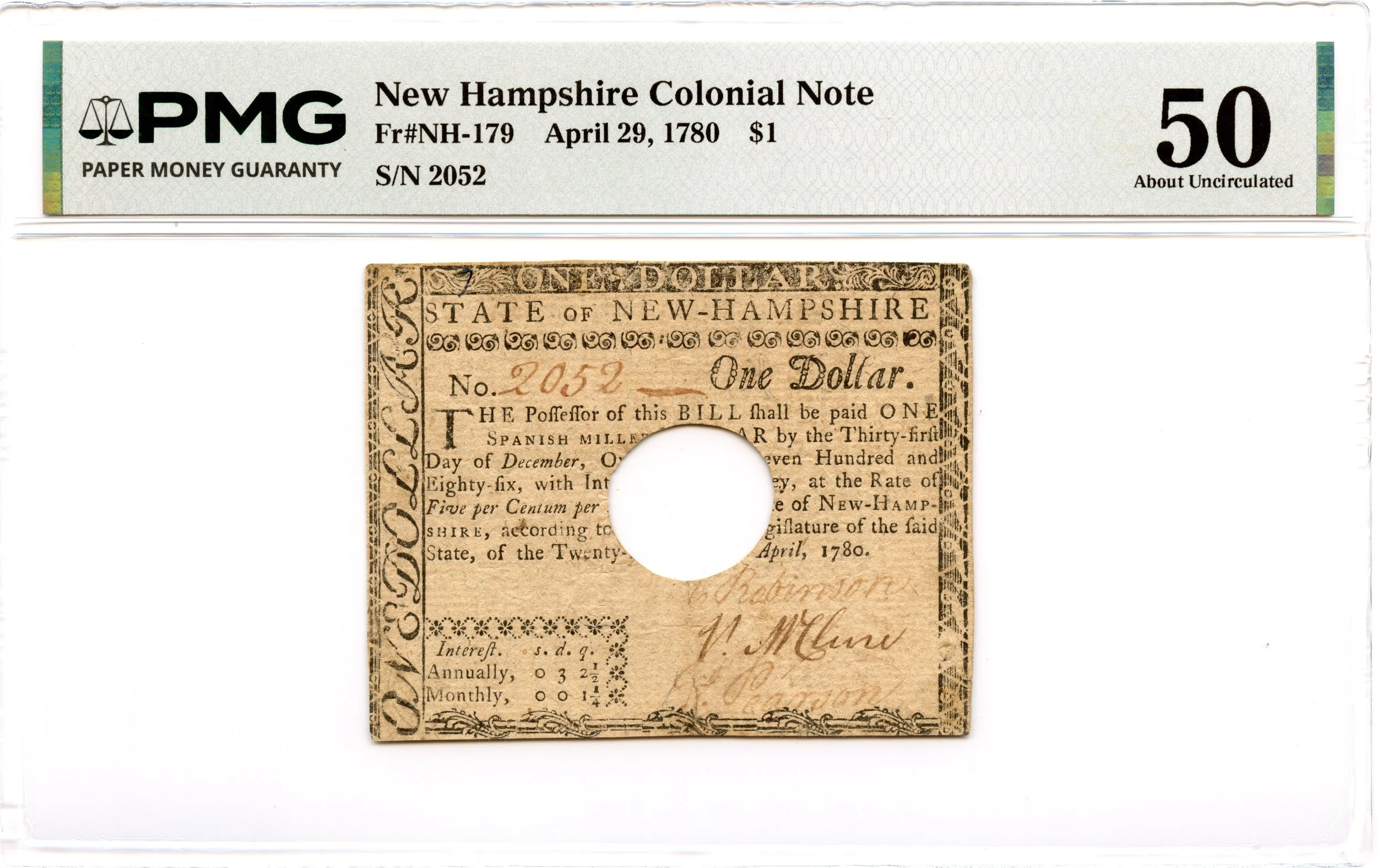 New Hampshire Colonial Note Fr#NH-179 April 29, 1780 $1 PMG AU-50 *Scarce*