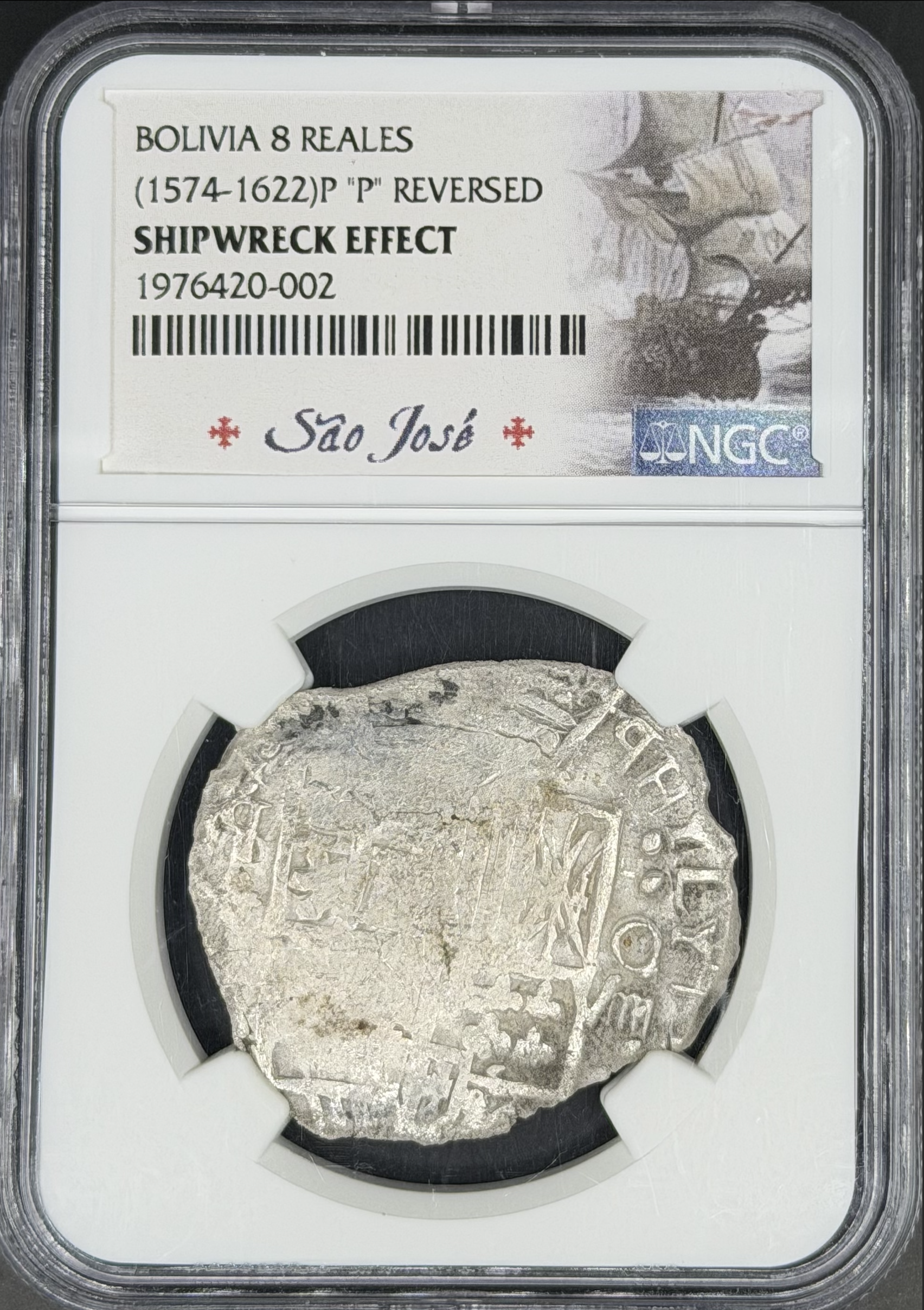 1574-1622 8 Reales Cob Spanish Colonial Bolivia NGC "P" Reversed Error *Sao Jose Shipwreck*