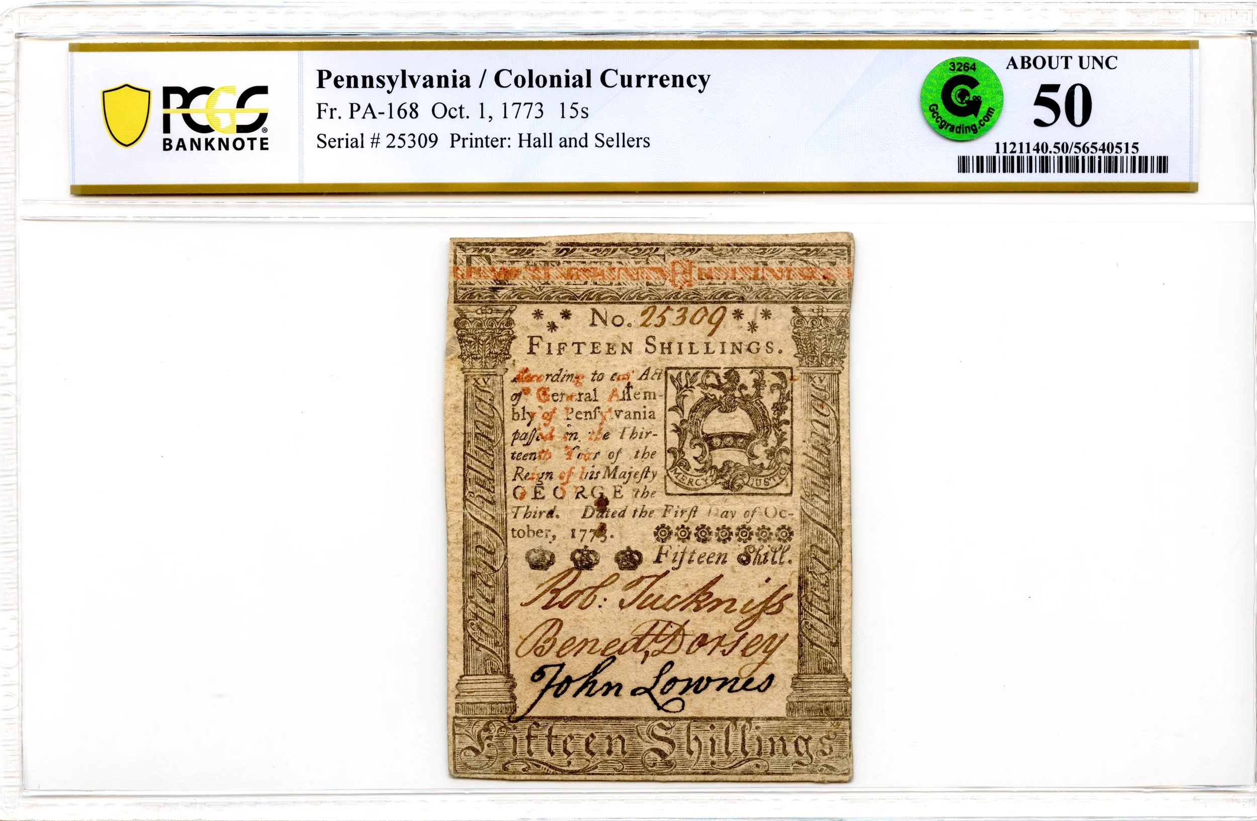 Pennsylvania Colonial Note Fr#PA-168 October 1, 1773 15s PCGS AU-50 GCC Green