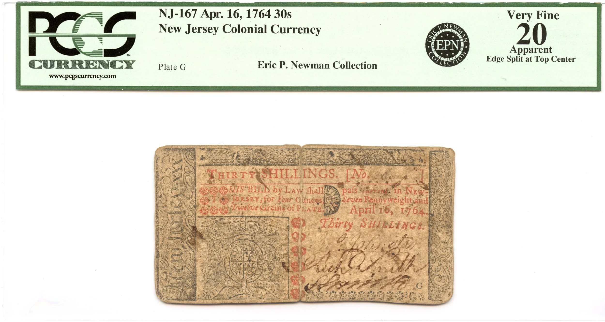 New Jersey Colonial Note Fr#NJ-167 April 16, 1764 30s PCGS VF-20