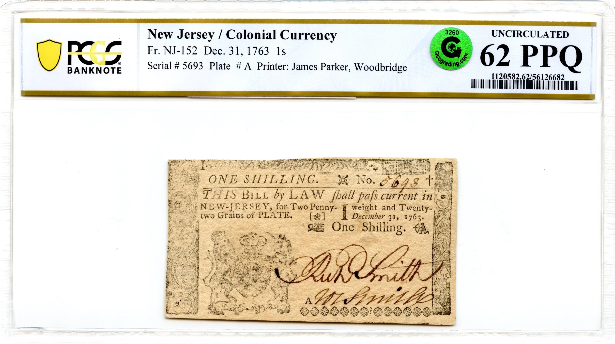 New Jersey Colonial Note Fr#NJ-152 December 31, 1763 1s PCGS UNC 62 PPQ GCC Green