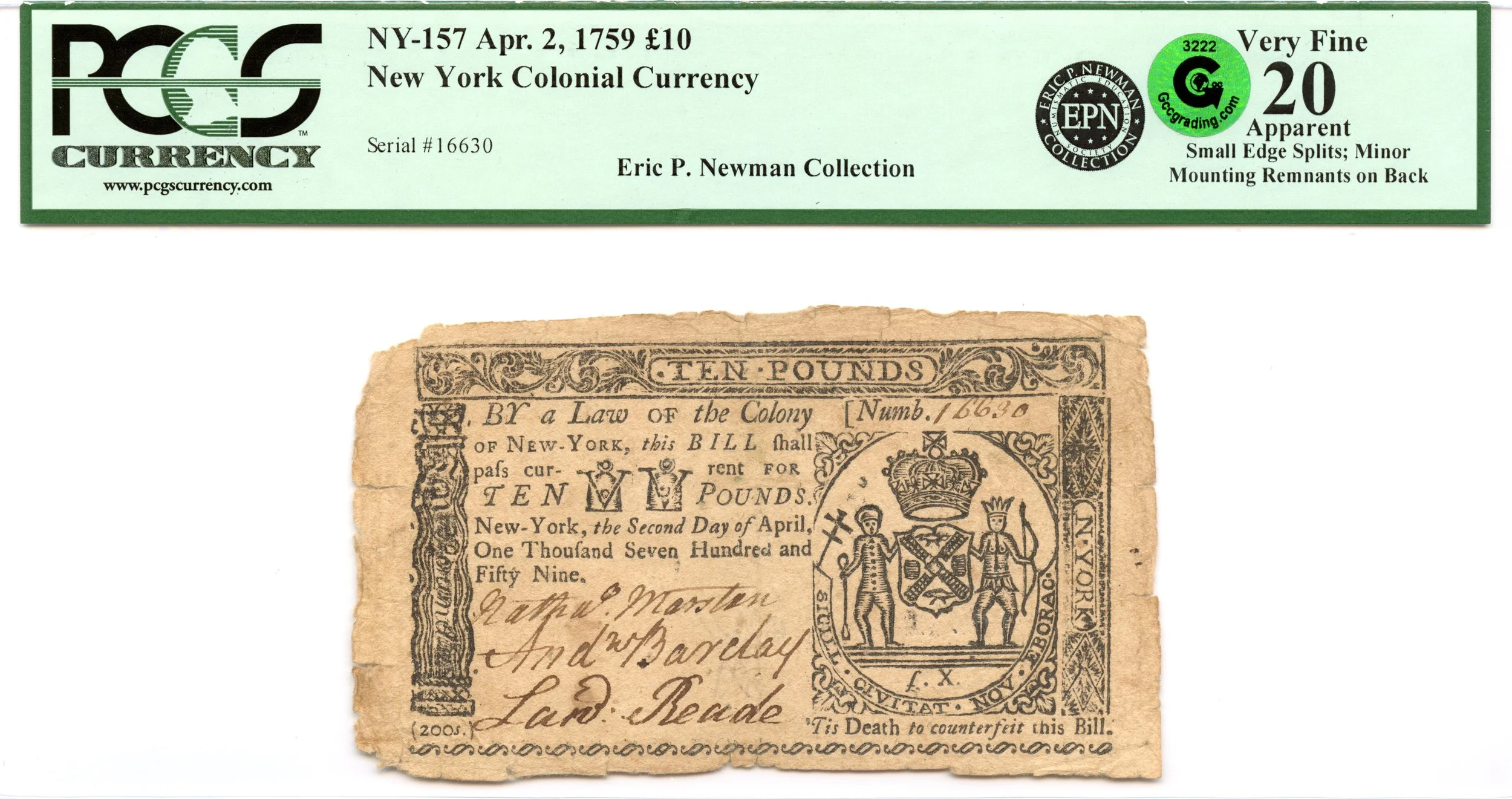 New York Colonial Note Fr#NY-157 April 2, 1759 10 Pounds PCGS VF-20 GCC Green